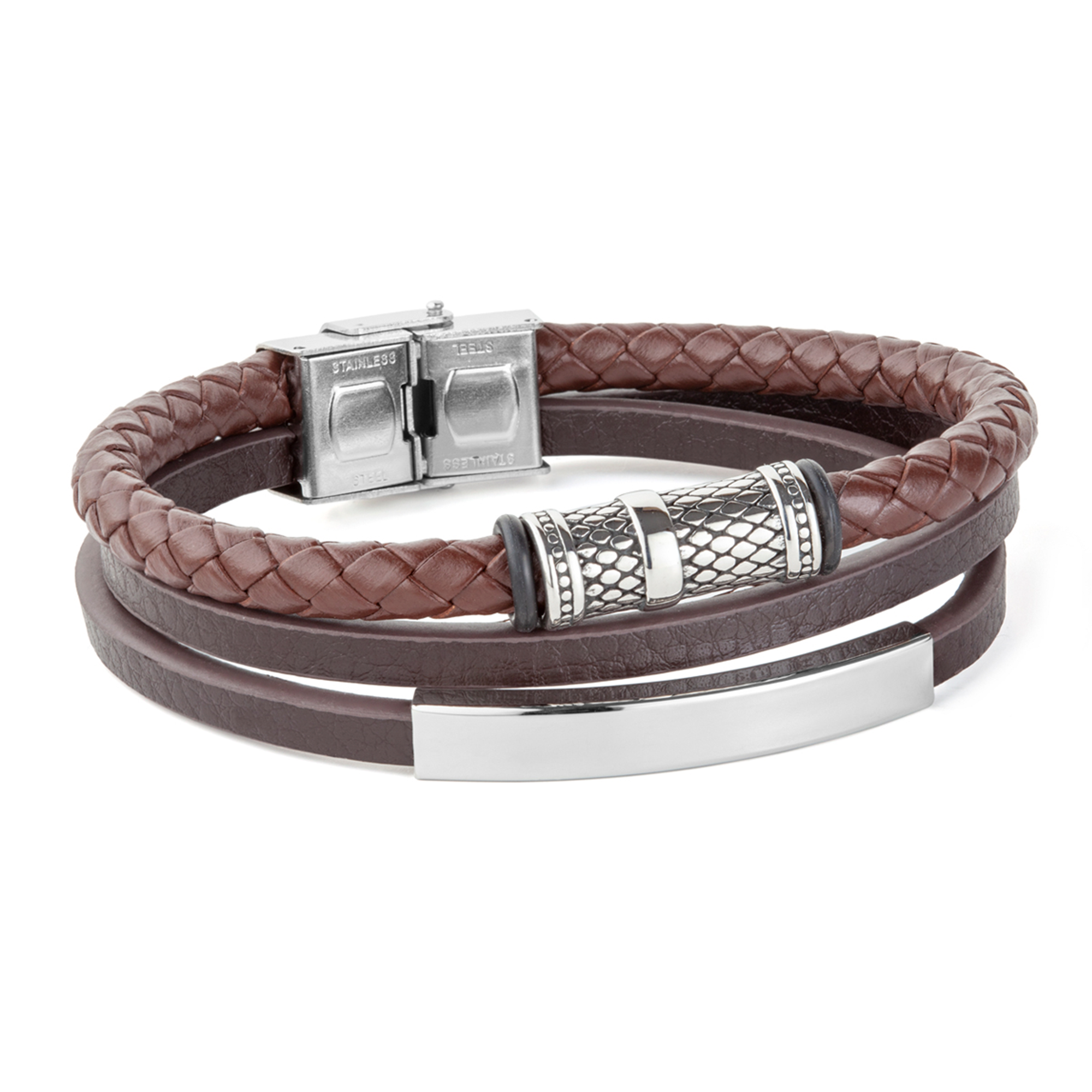 Pulsera triple de hombre de piel marron motivos acero
