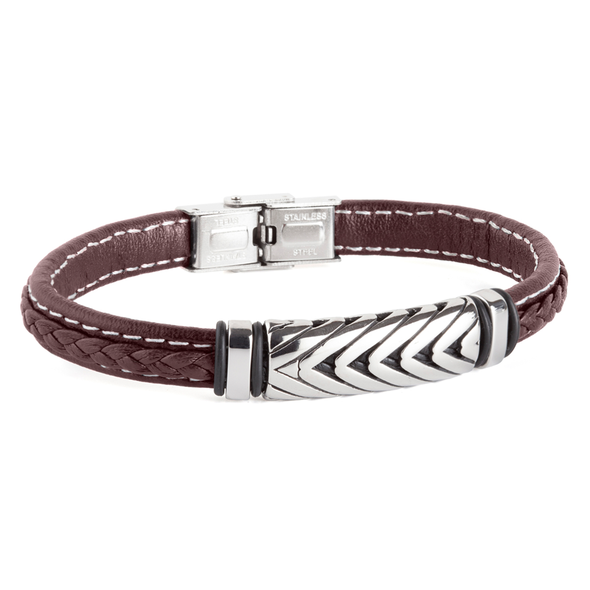 Pulsera hombre de piel marron y acero con motivo tribal