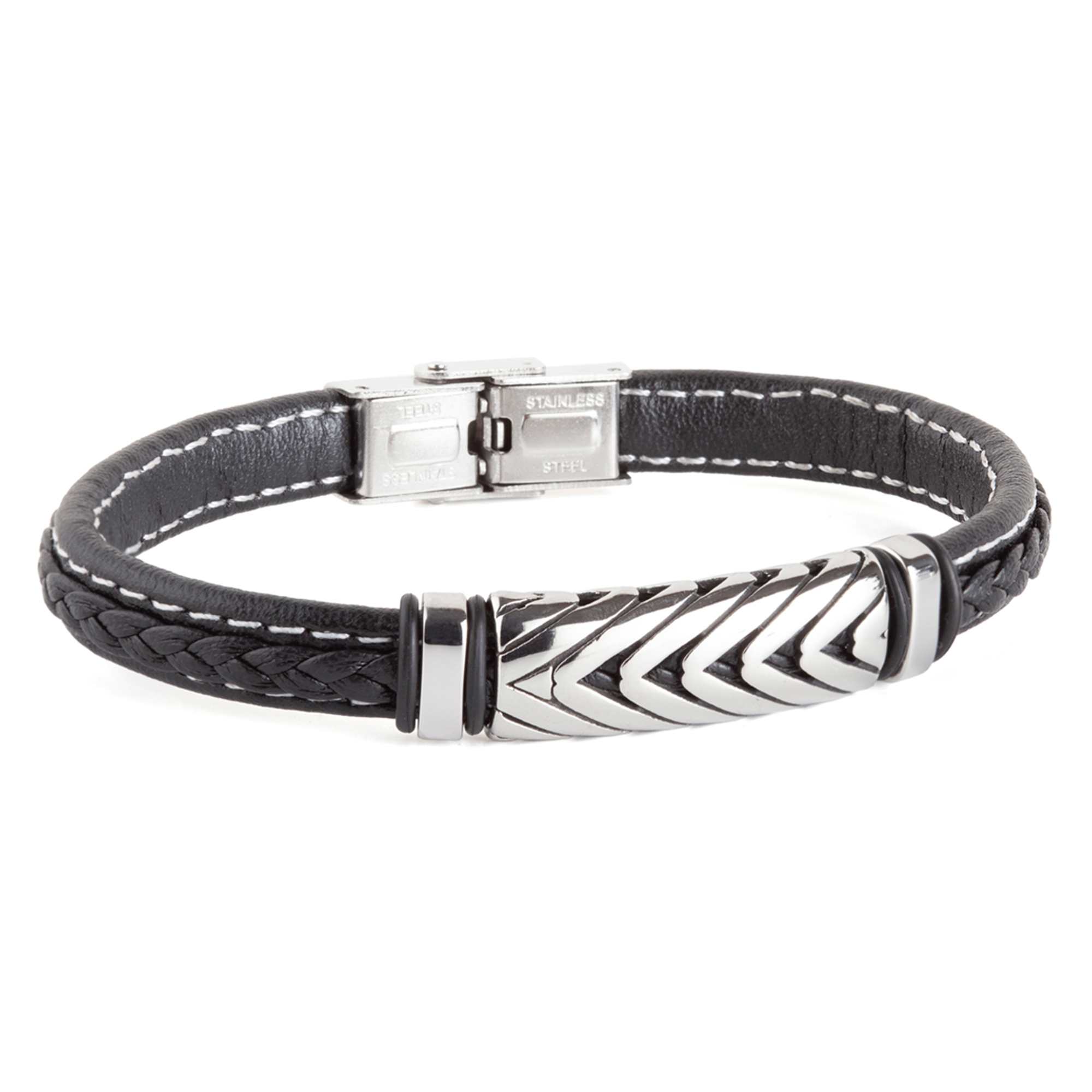 Pulsera hombre de piel negra y acero con motivo tribal