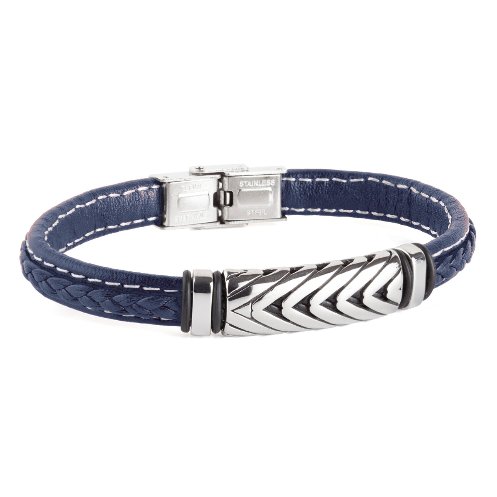 Pulsera Piel azul y acero Cierre pestaña 21cm