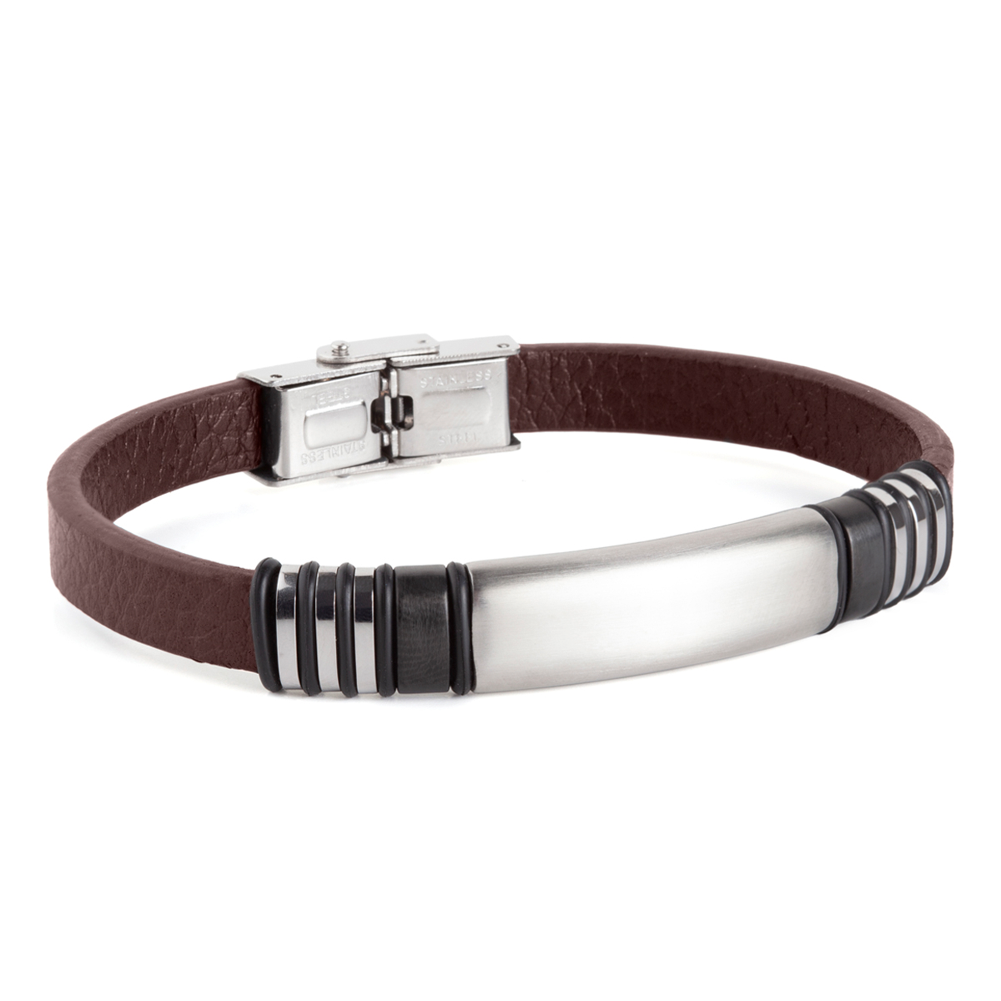 Pulsera piel marron con placa de acero