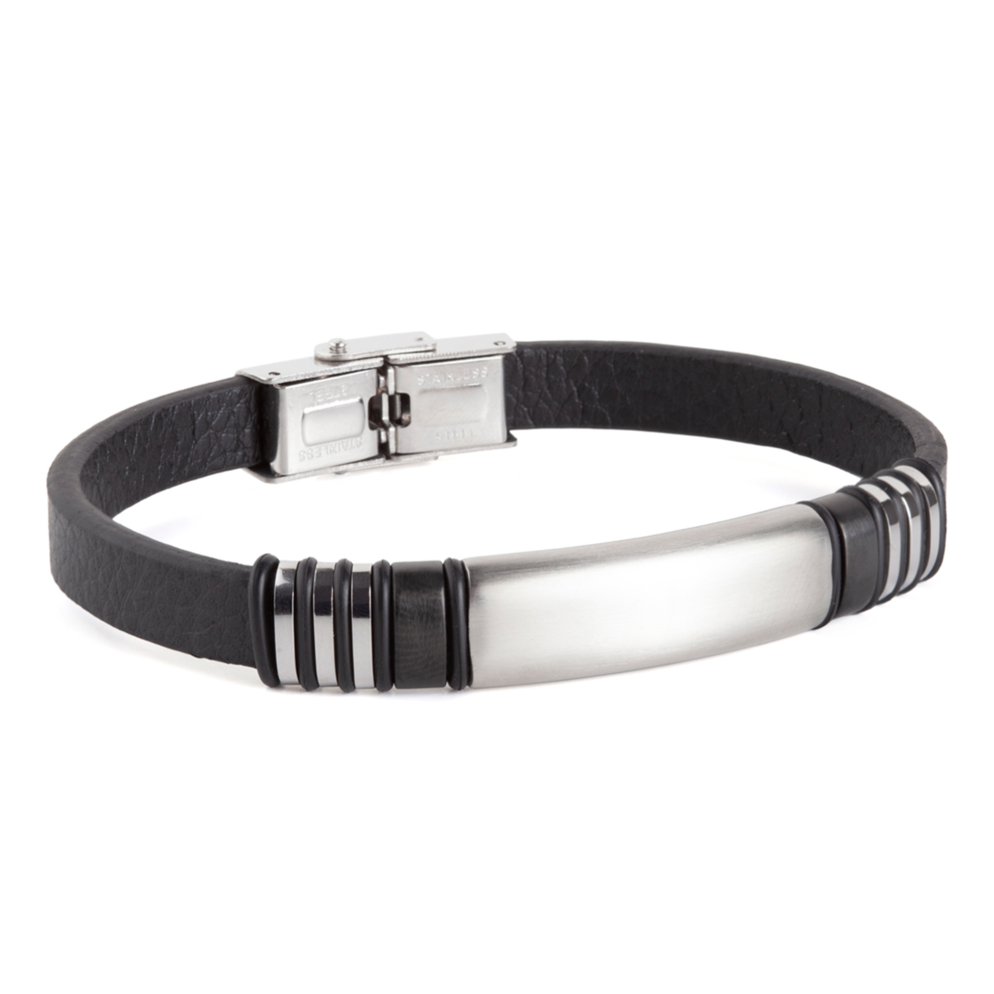 Pulsera piel negra con placa de acero