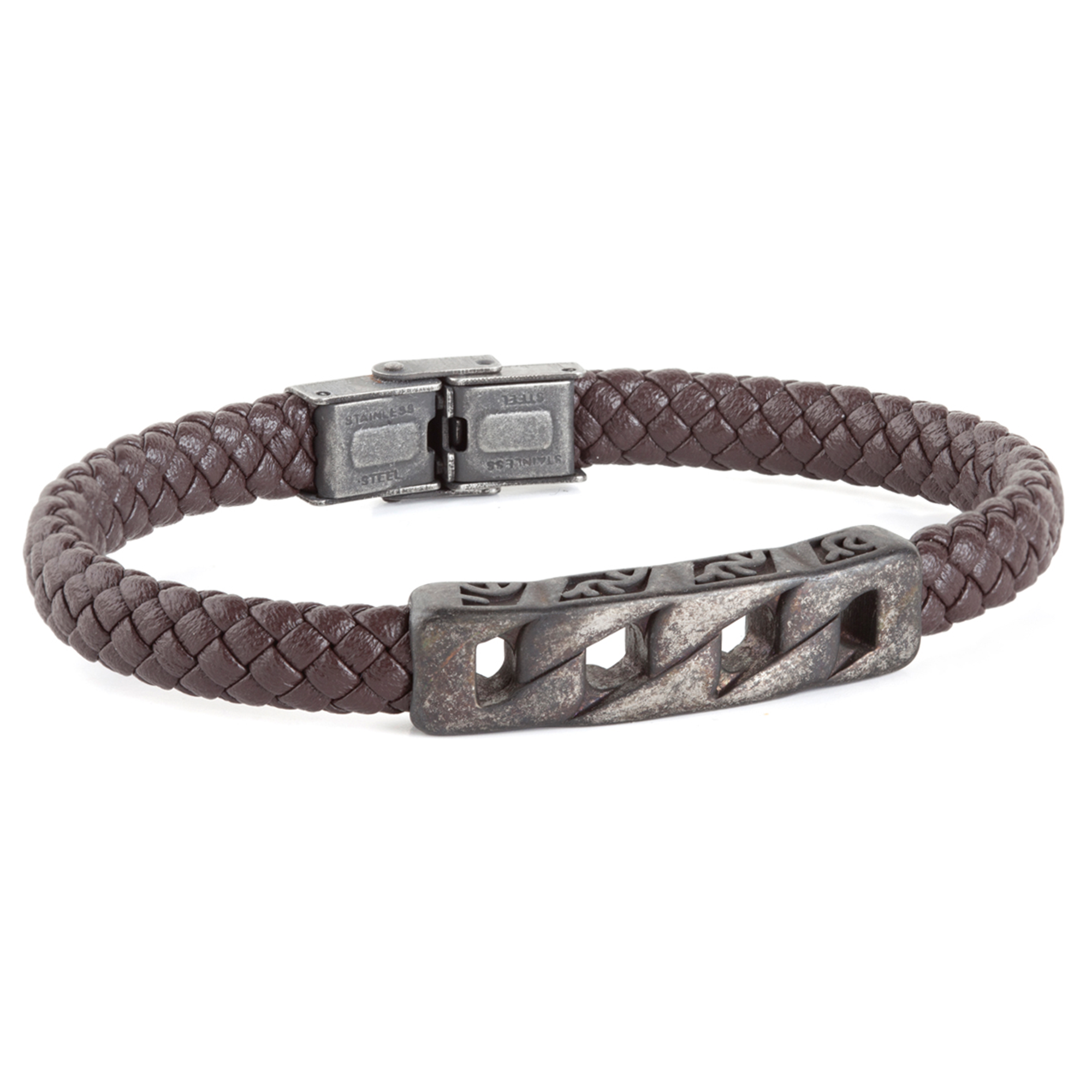 Pulsera piel marron motivo acero envejecido