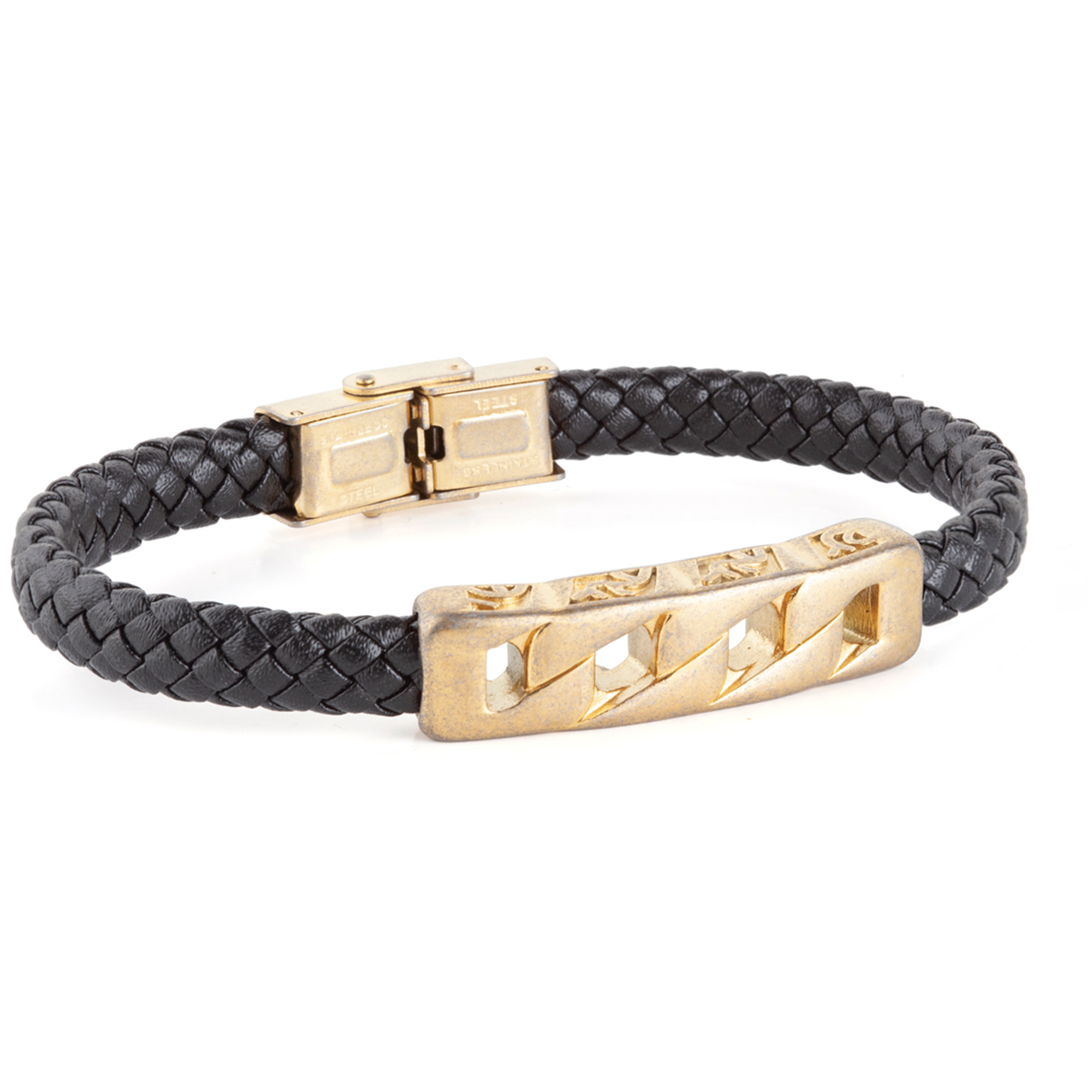 Pulsera piel negra motivo acero ip dorado envejecido