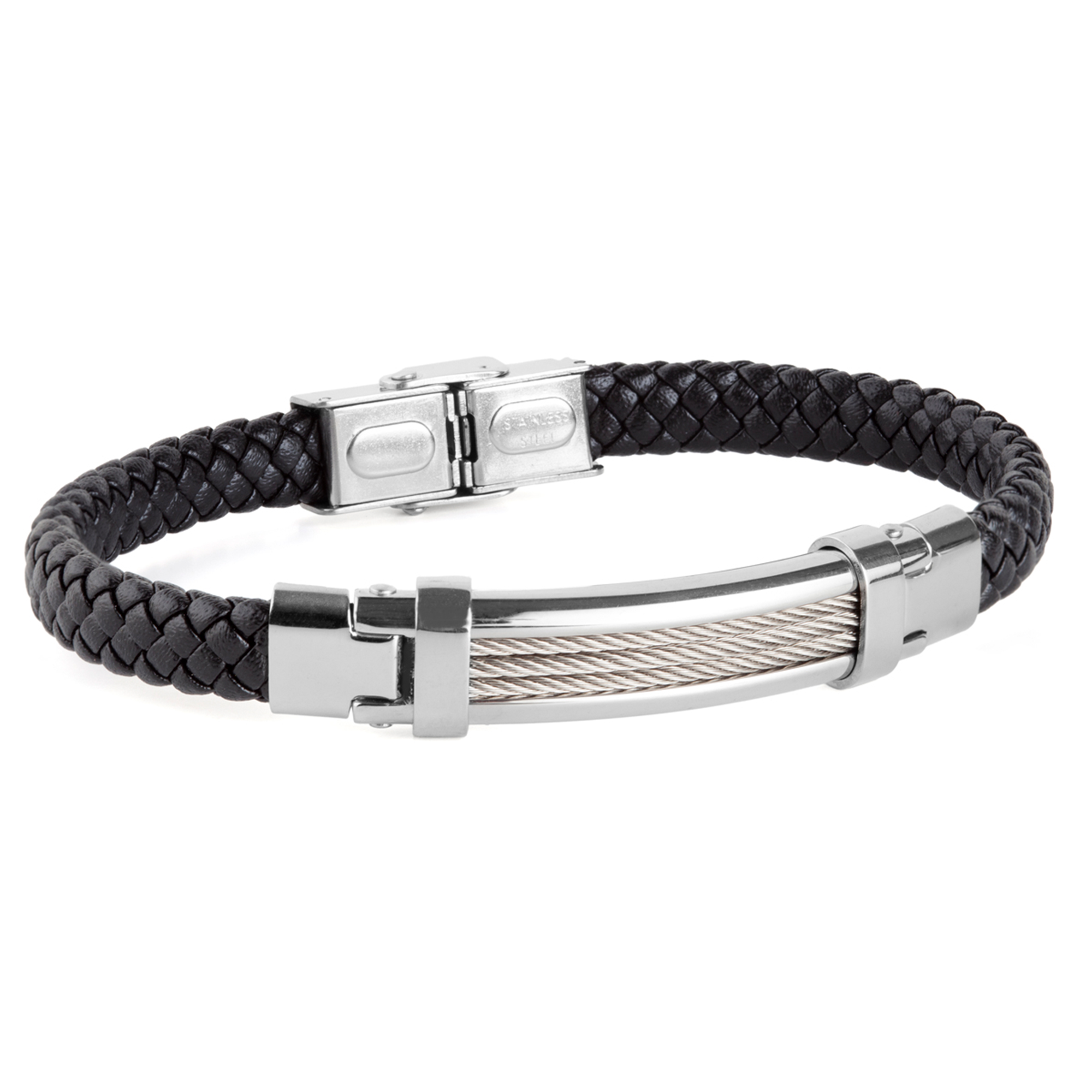 Pulsera de acero con piel negra con placa