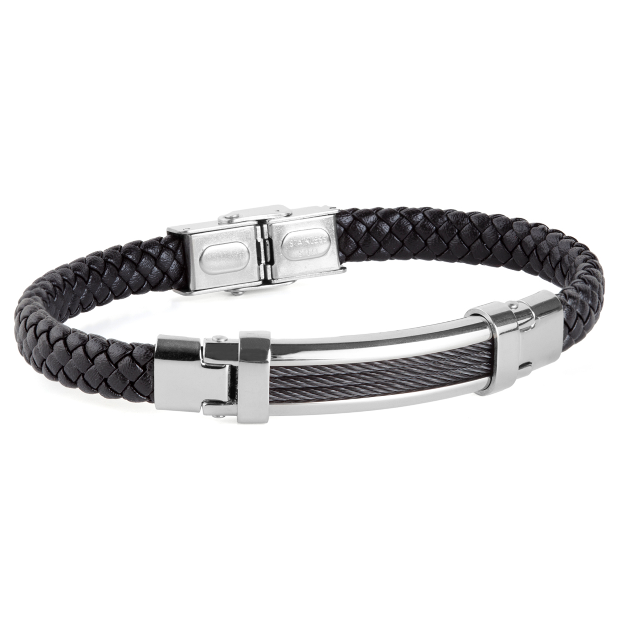 Pulsera de acero con piel negra con placa ip negro