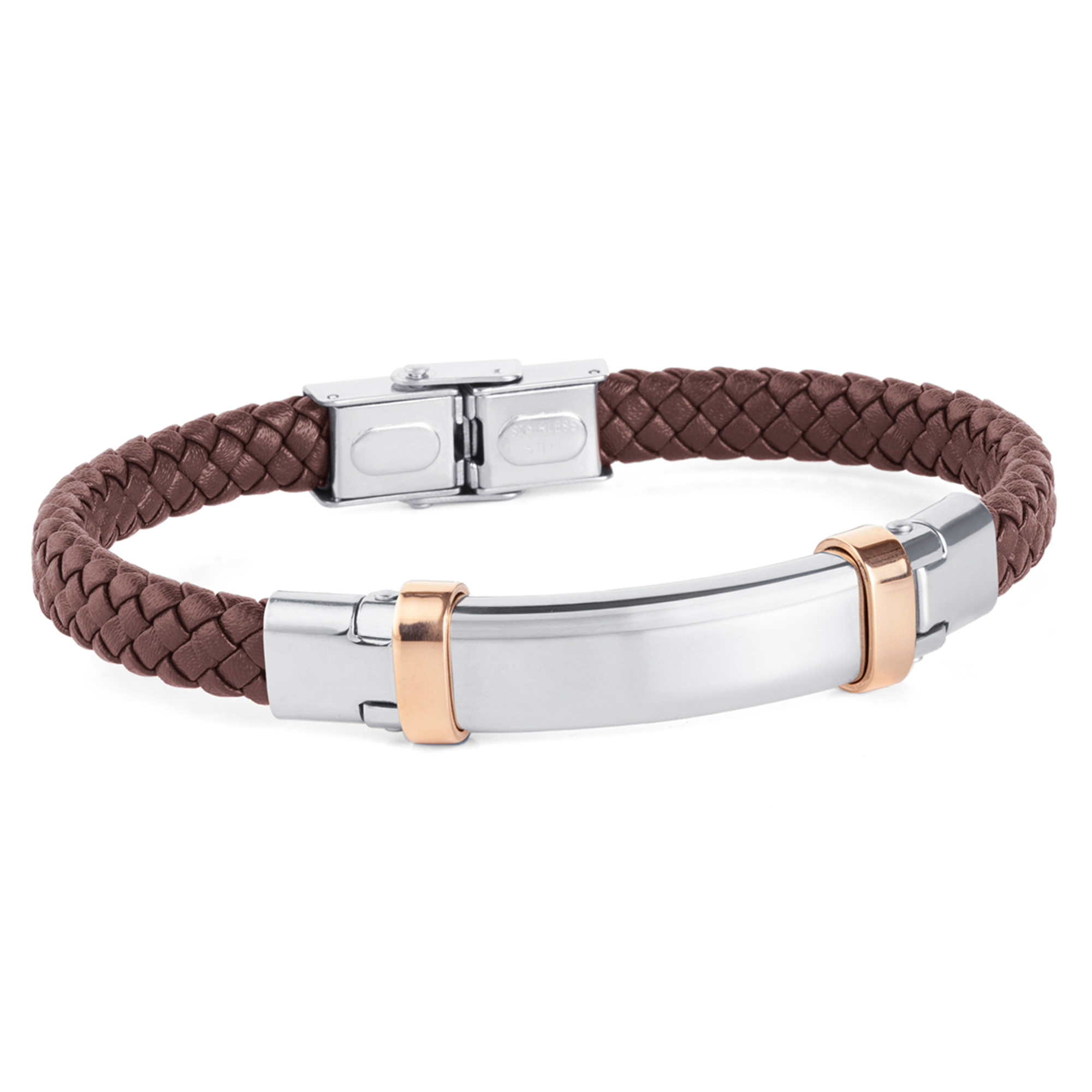 Pulsera de acero con piel trenzada azul motivos acero ip azul