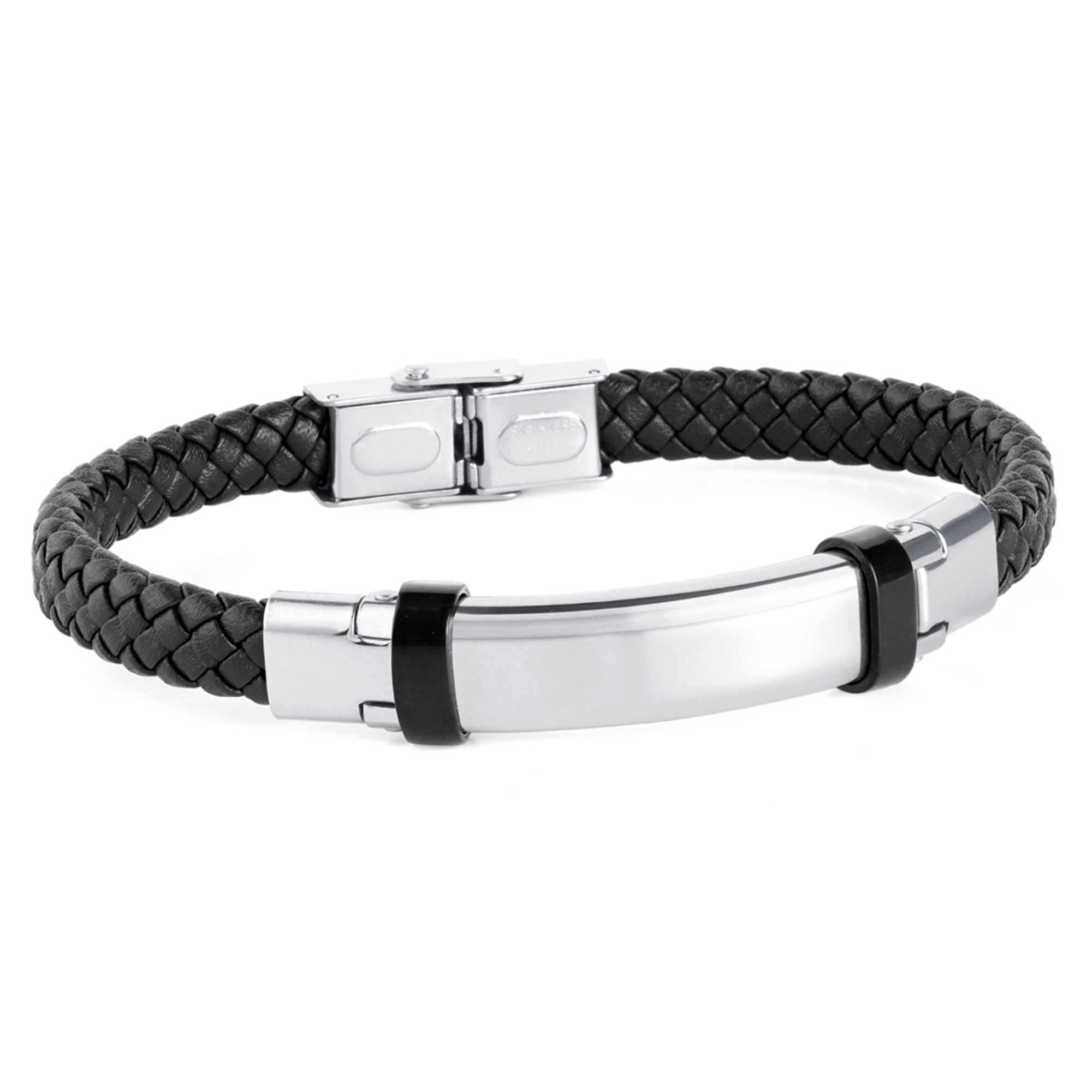 Pulsera de acero con piel trenzada negra motivos acero negra