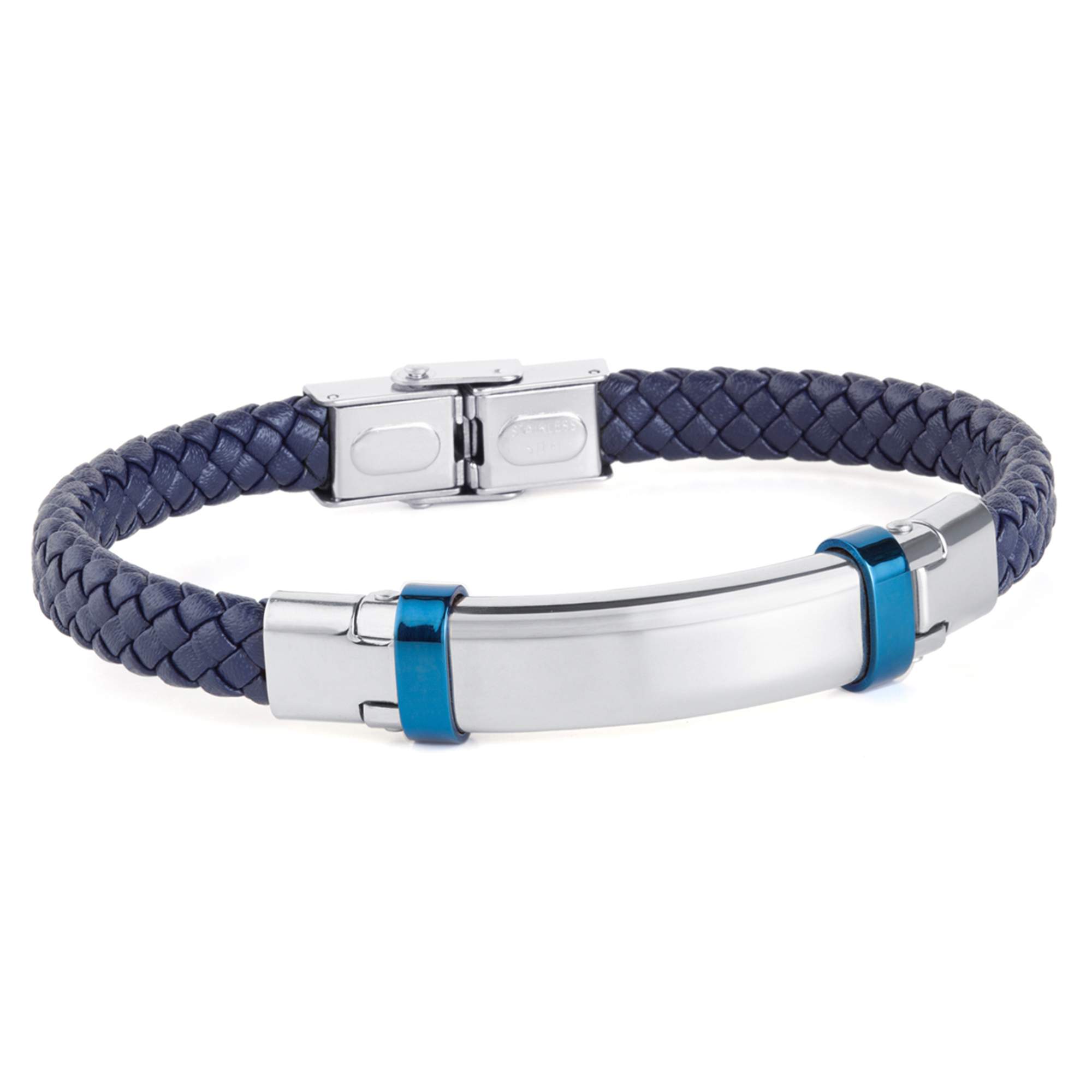 Pulsera de acero con piel trenzada marrón motivos acero cobre