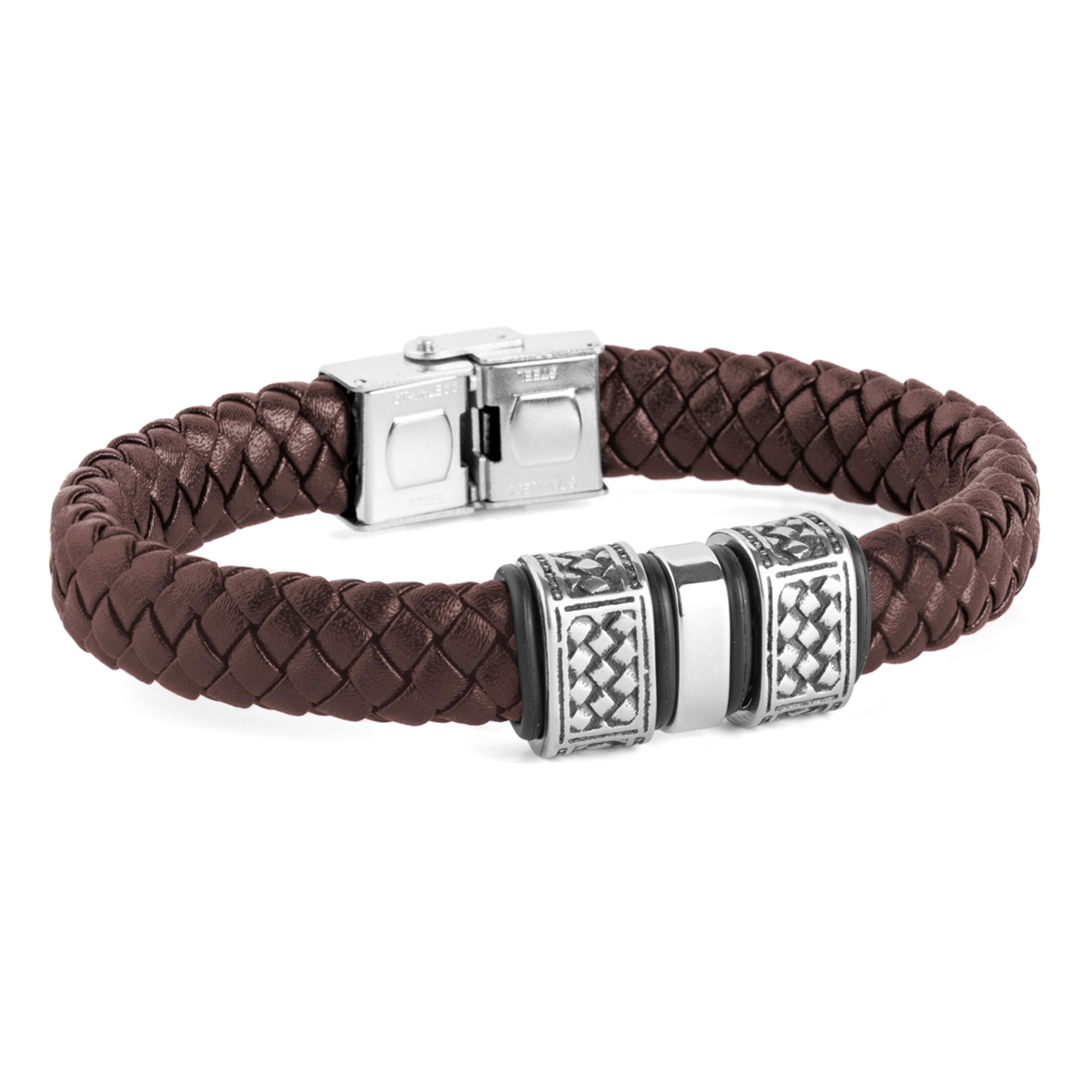 Pulsera de hombre ancha de piel marron y acero