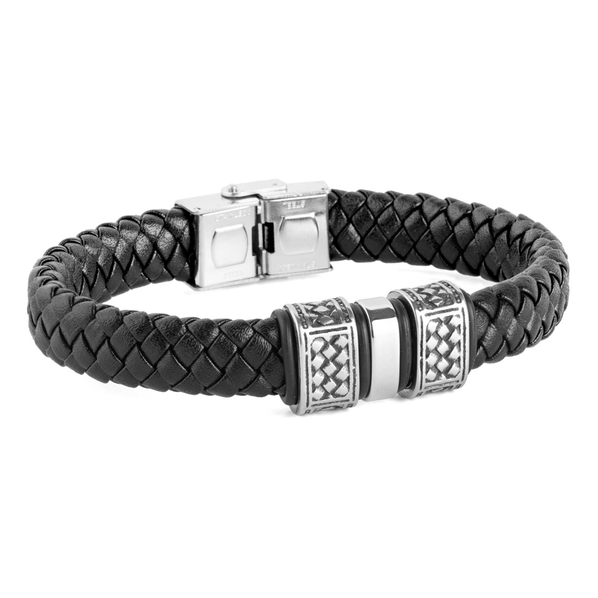 Pulsera de hombre ancha de piel negra y acero