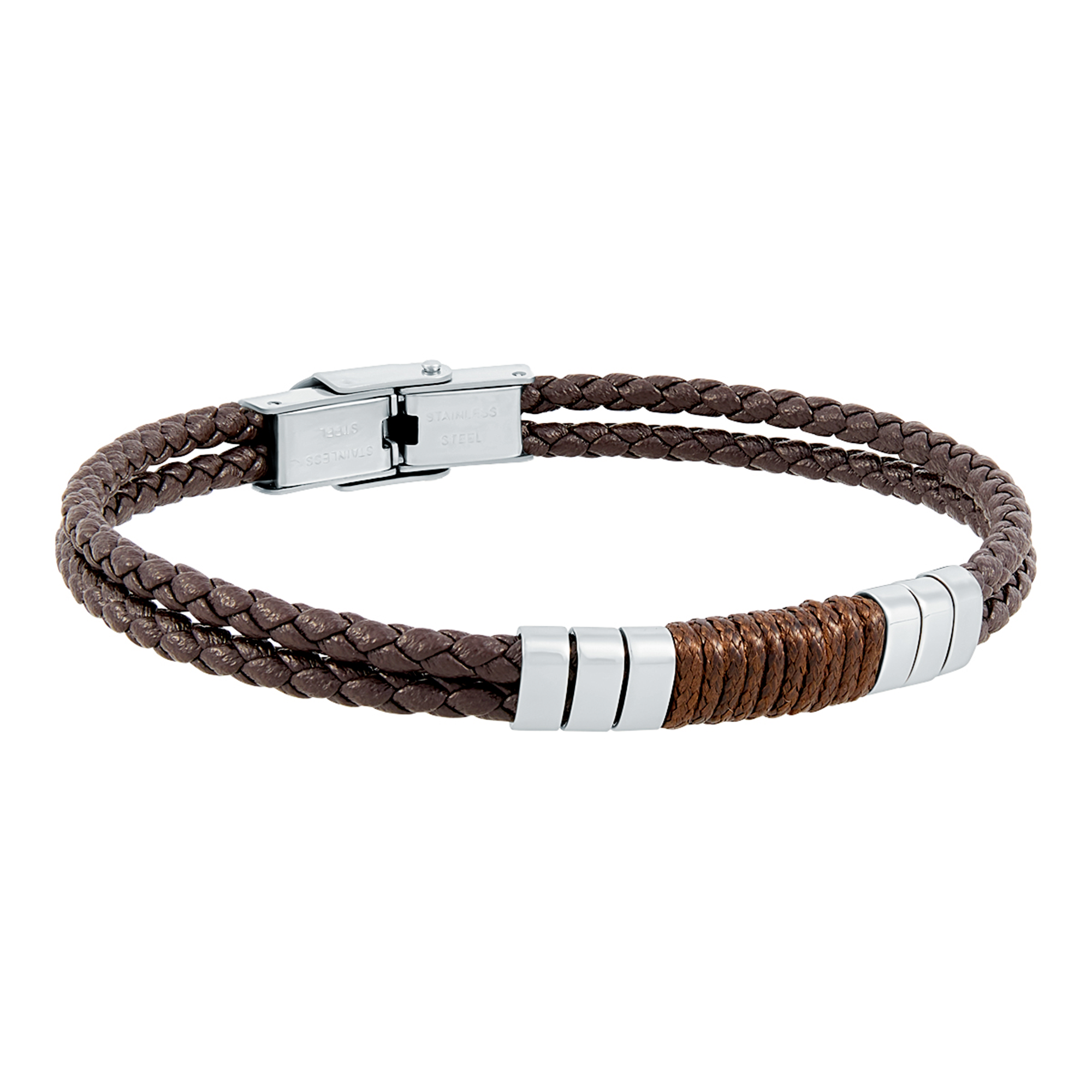 Pulsera doble de piel marron con motivo cordon y acero