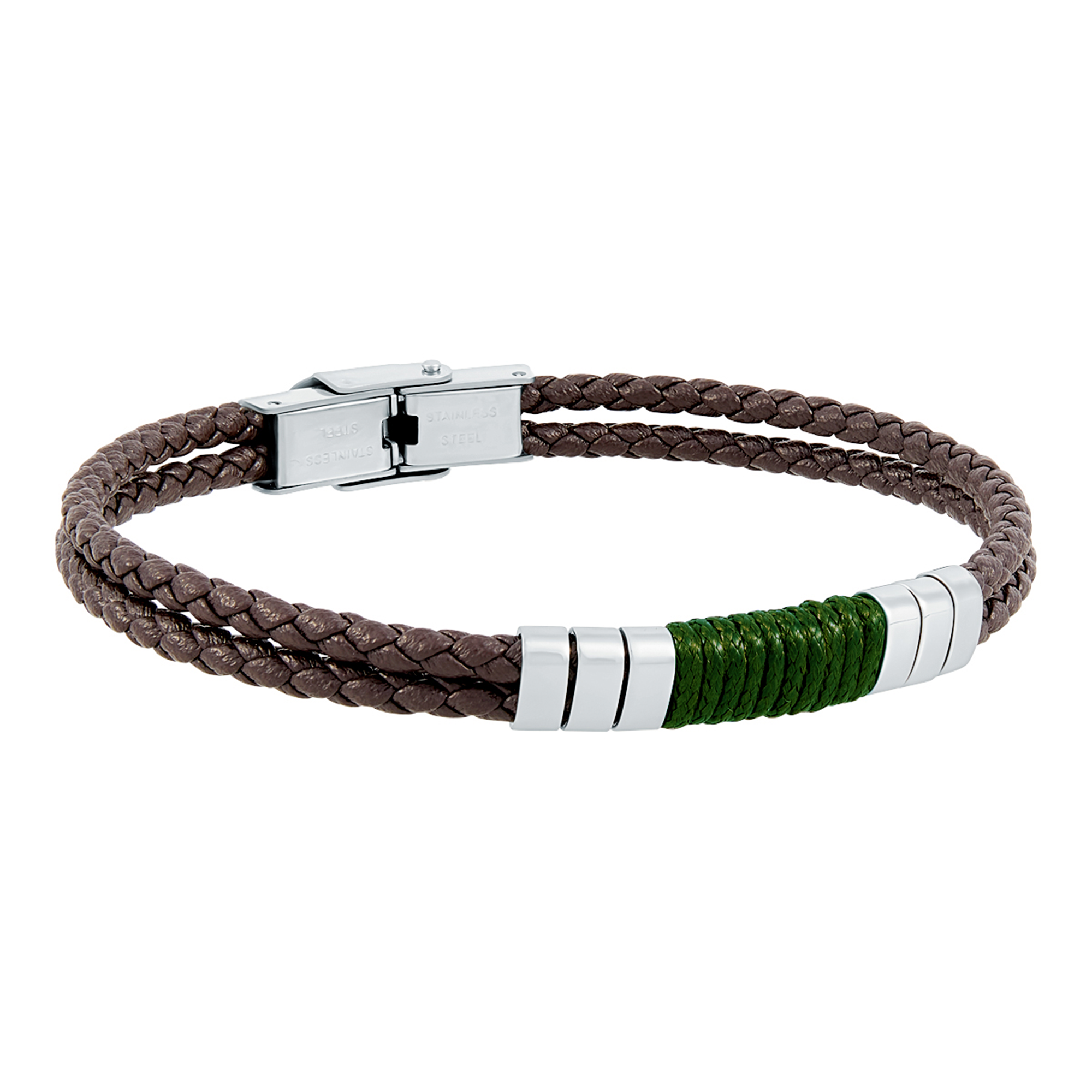 Pulsera doble de piel marron con motivo cordon y acero