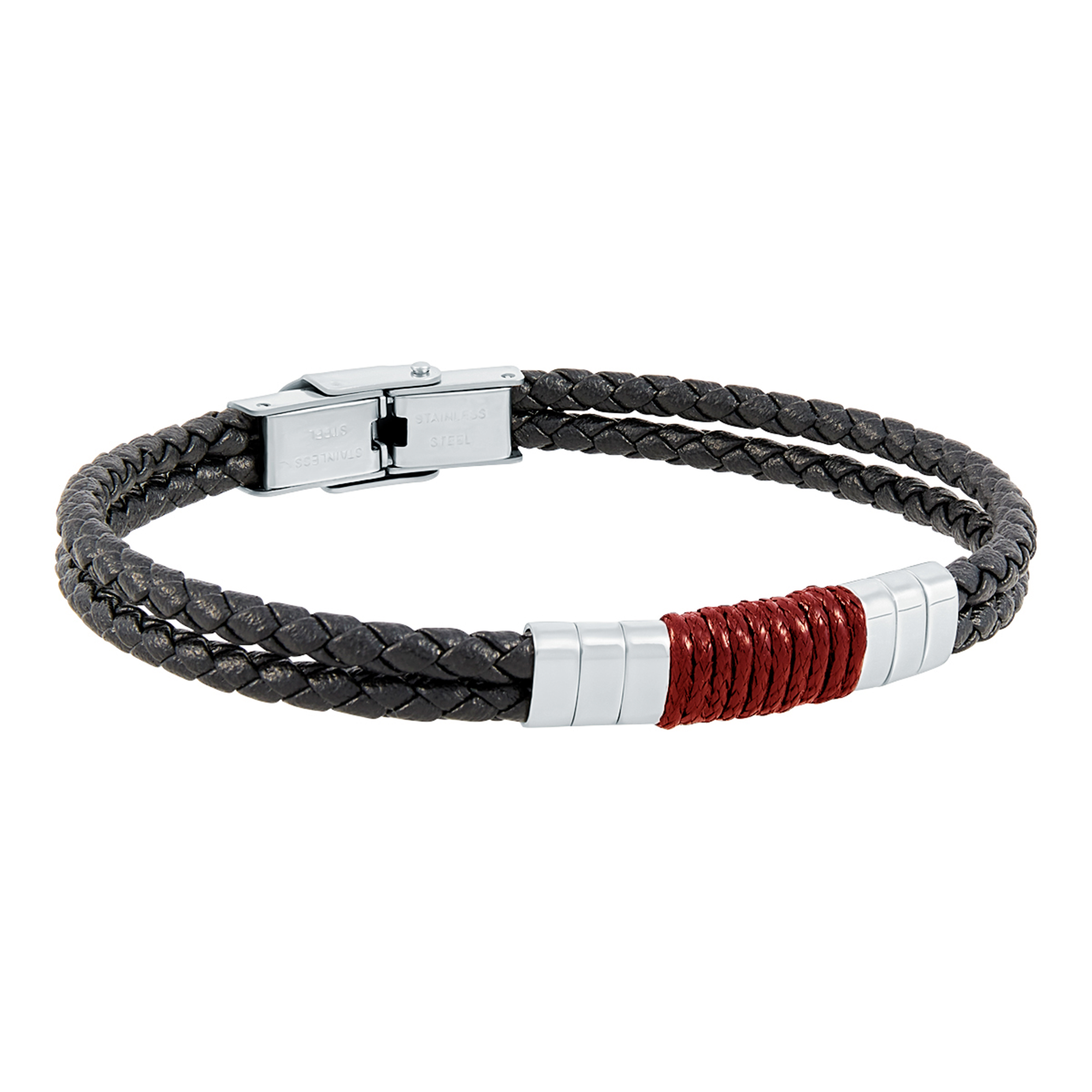 Pulsera doble de piel negra con motivo cordon y acero