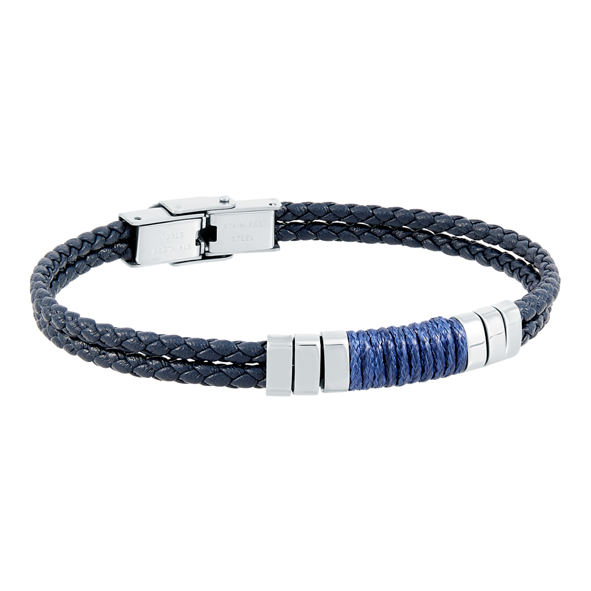 Pulsera doble de piel azul con motivo cordon y acero