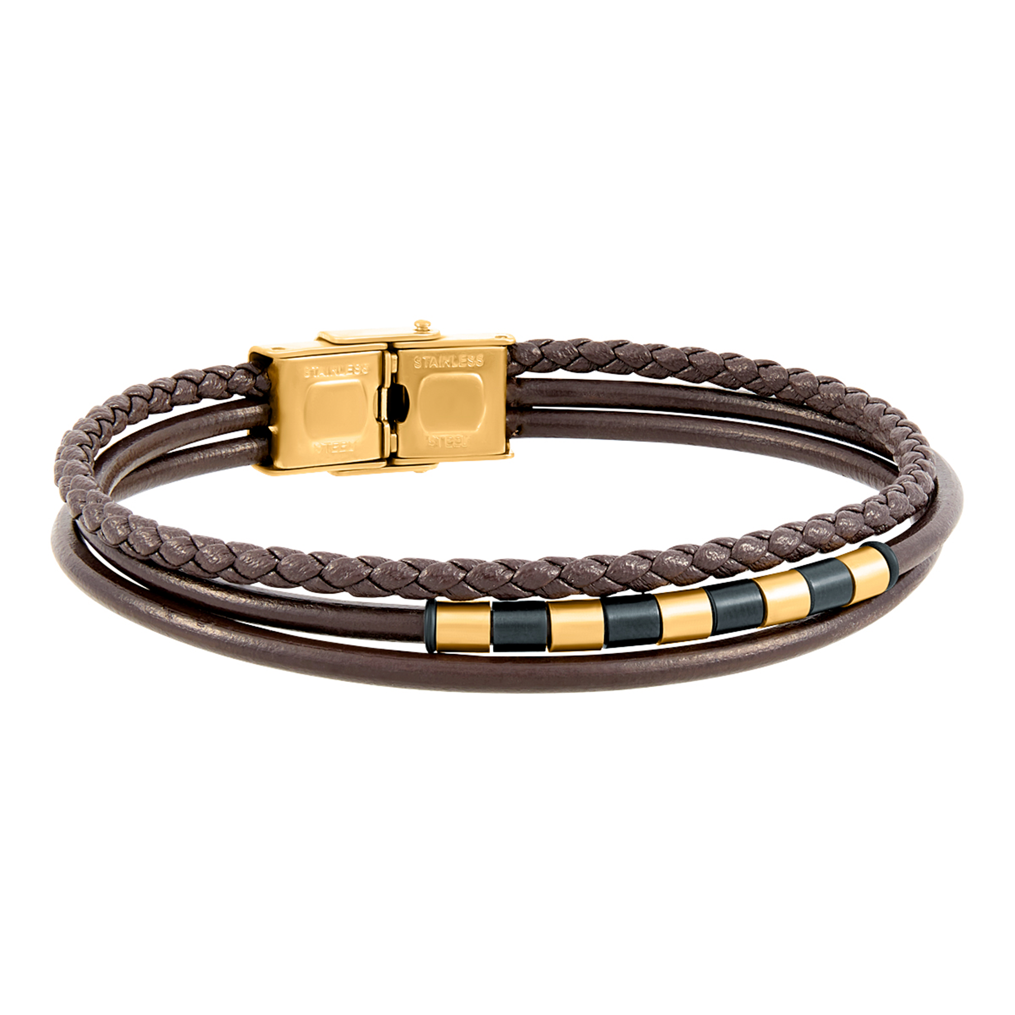 Pulsera de hombre de acero en Ip dorado y negro con piel marrón