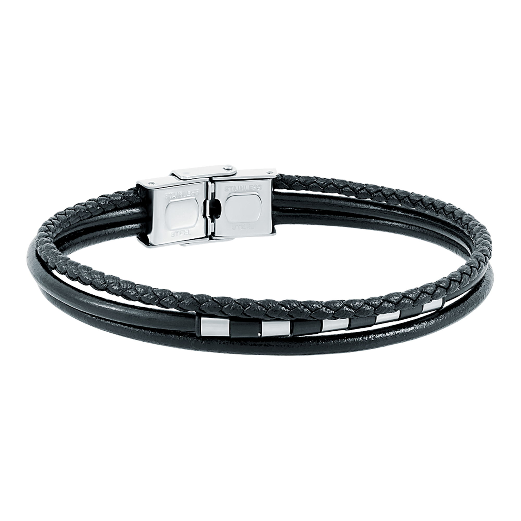 Pulsera de hombre de acero en Ip negro y con piel negra