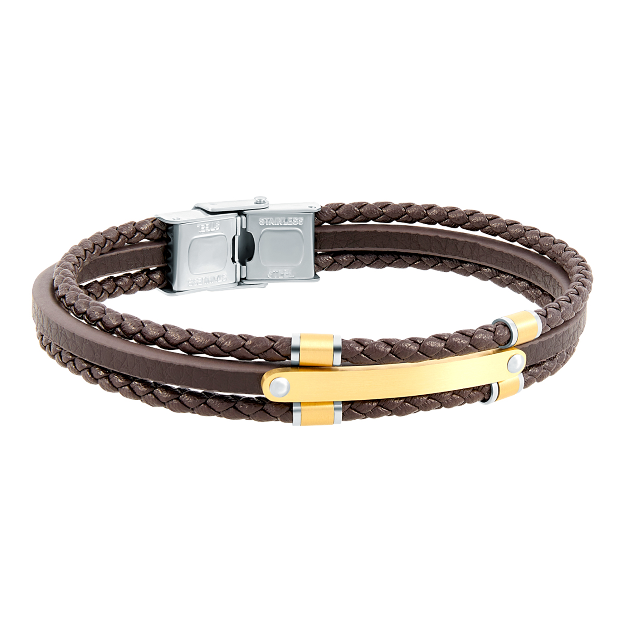 Pulsera triplete de hombre de acero en Ip dorado con piel marrón