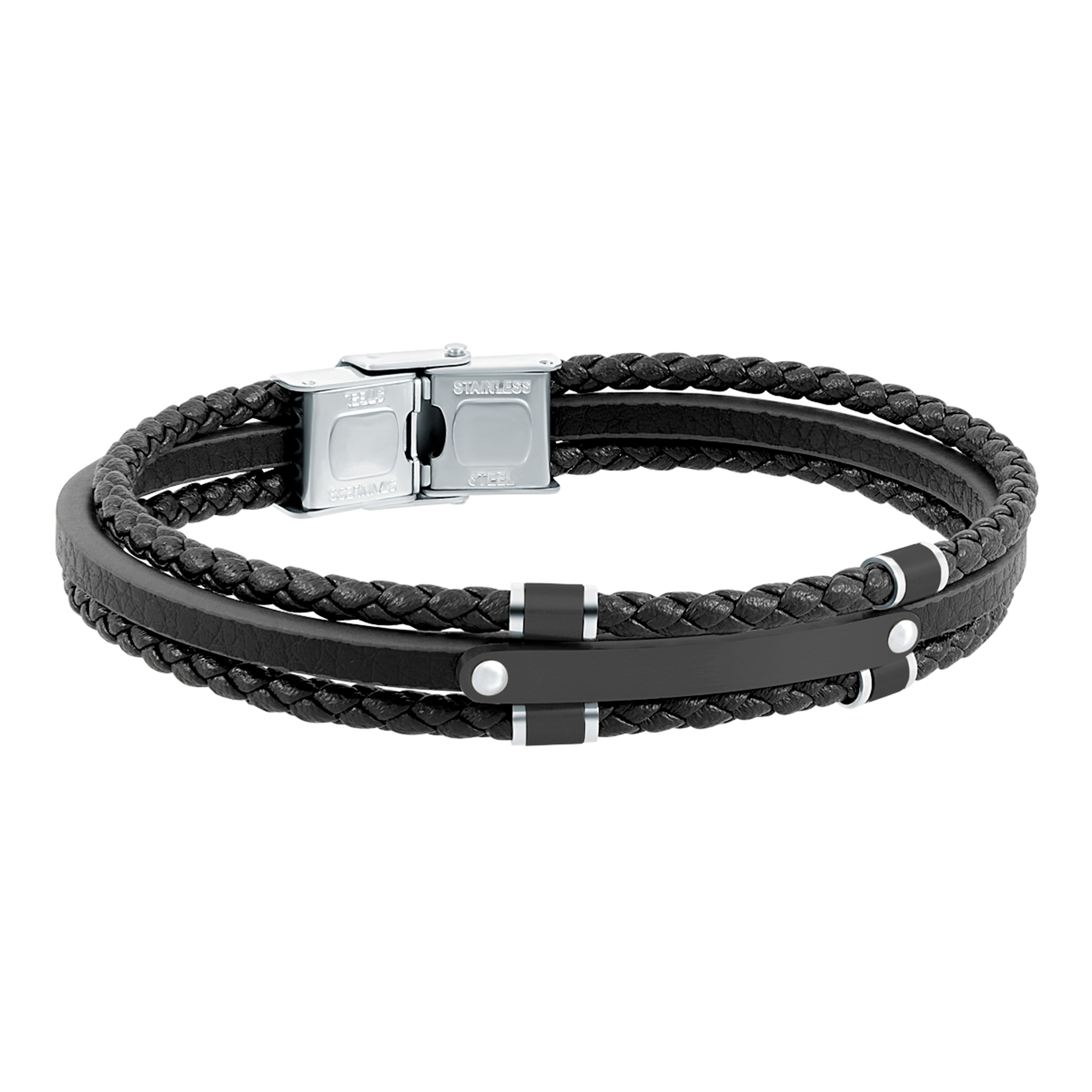 Pulsera triplete de hombre de acero en Ip negro con piel negra