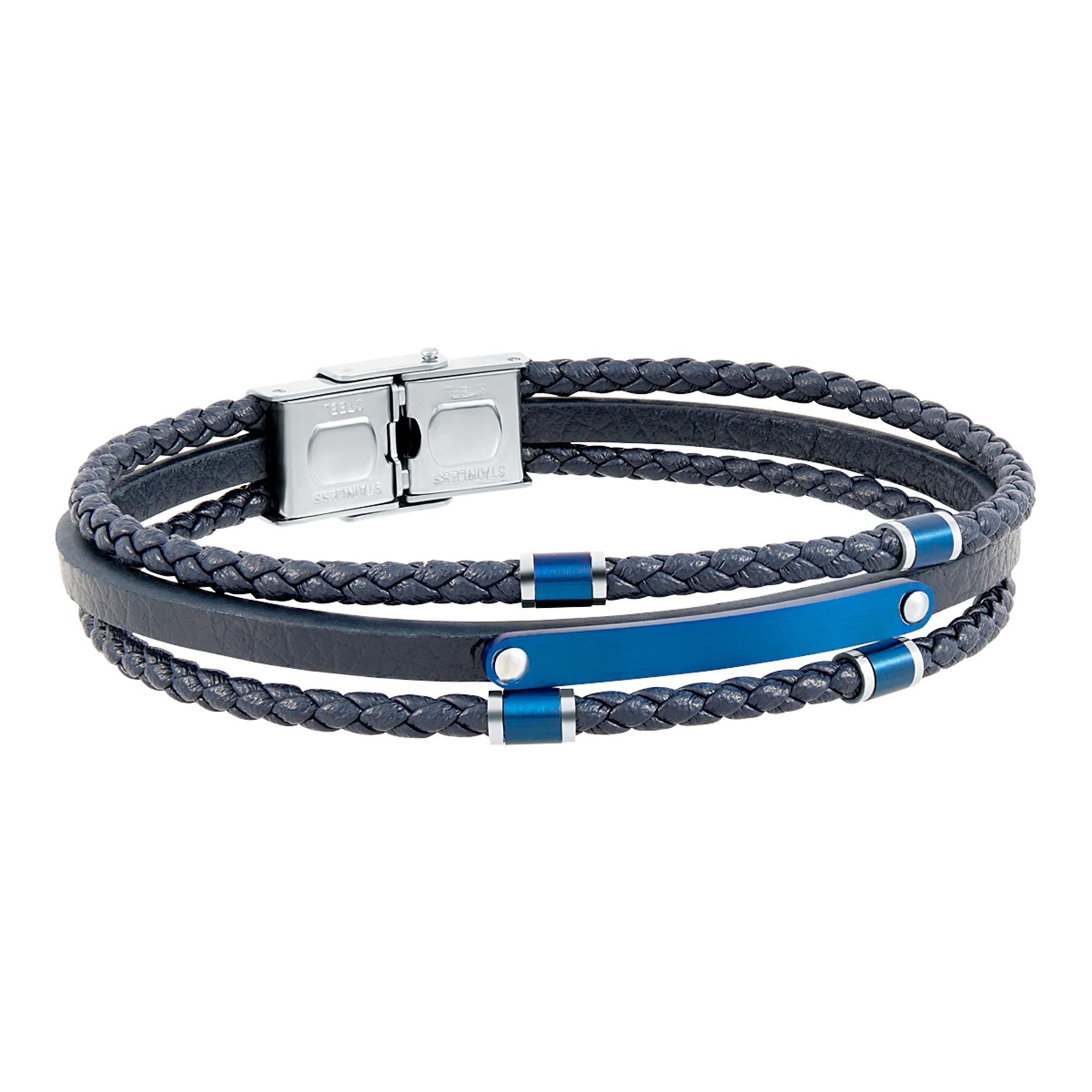 Pulsera triplete de hombre de acero en Ip azul con piel azul