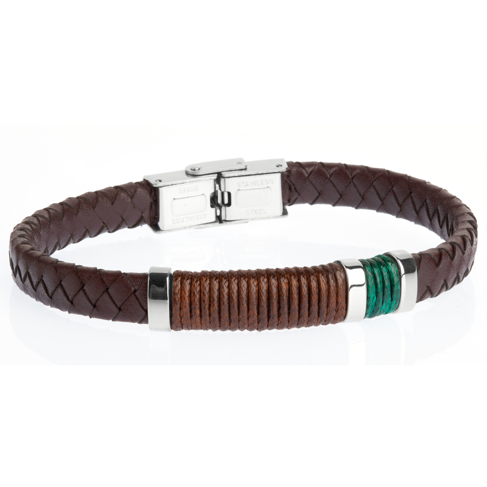 Pulsera de hombre de piel trenzada marrón y detalle verde
