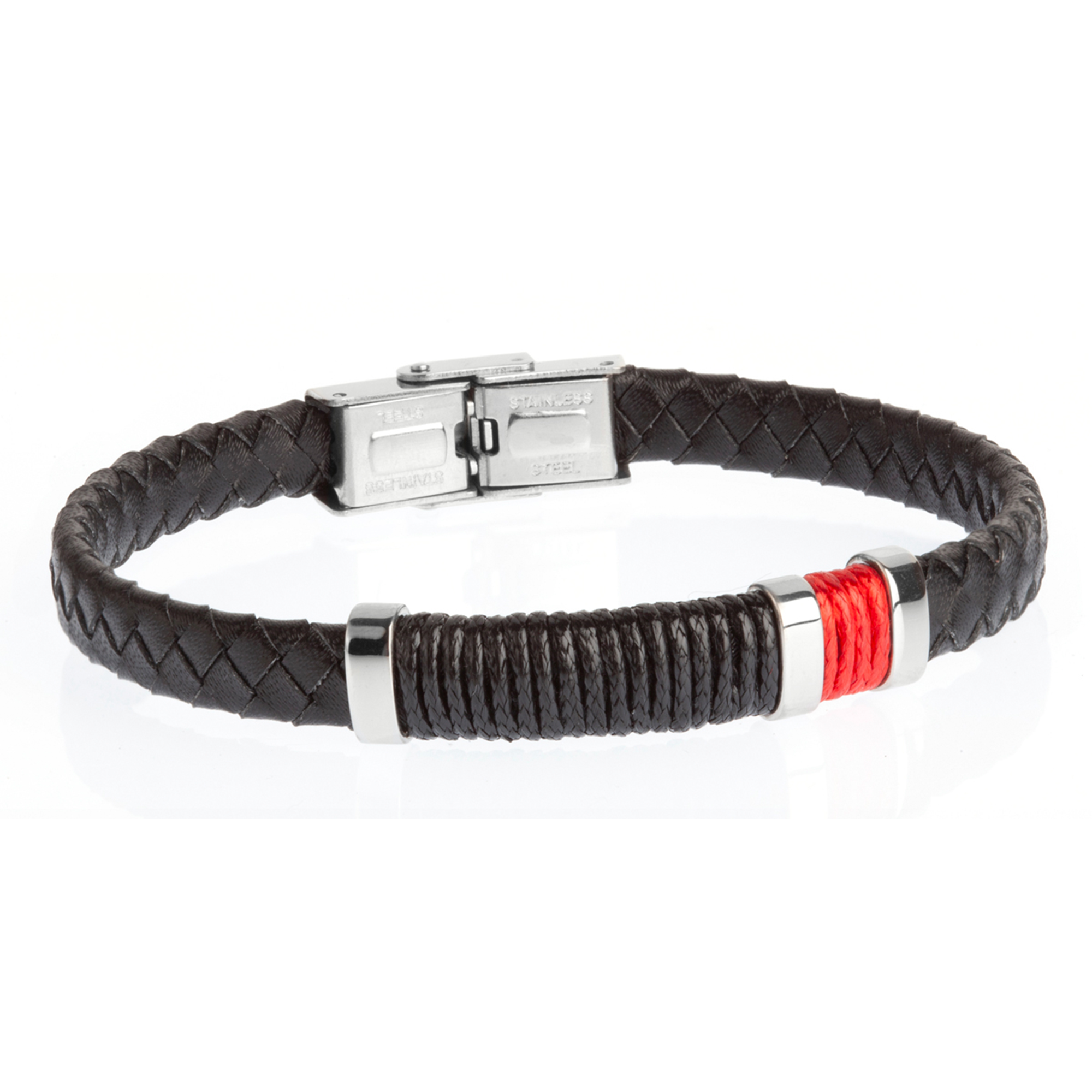 Pulsera de hombre de piel trenzada negra y detalle rojo