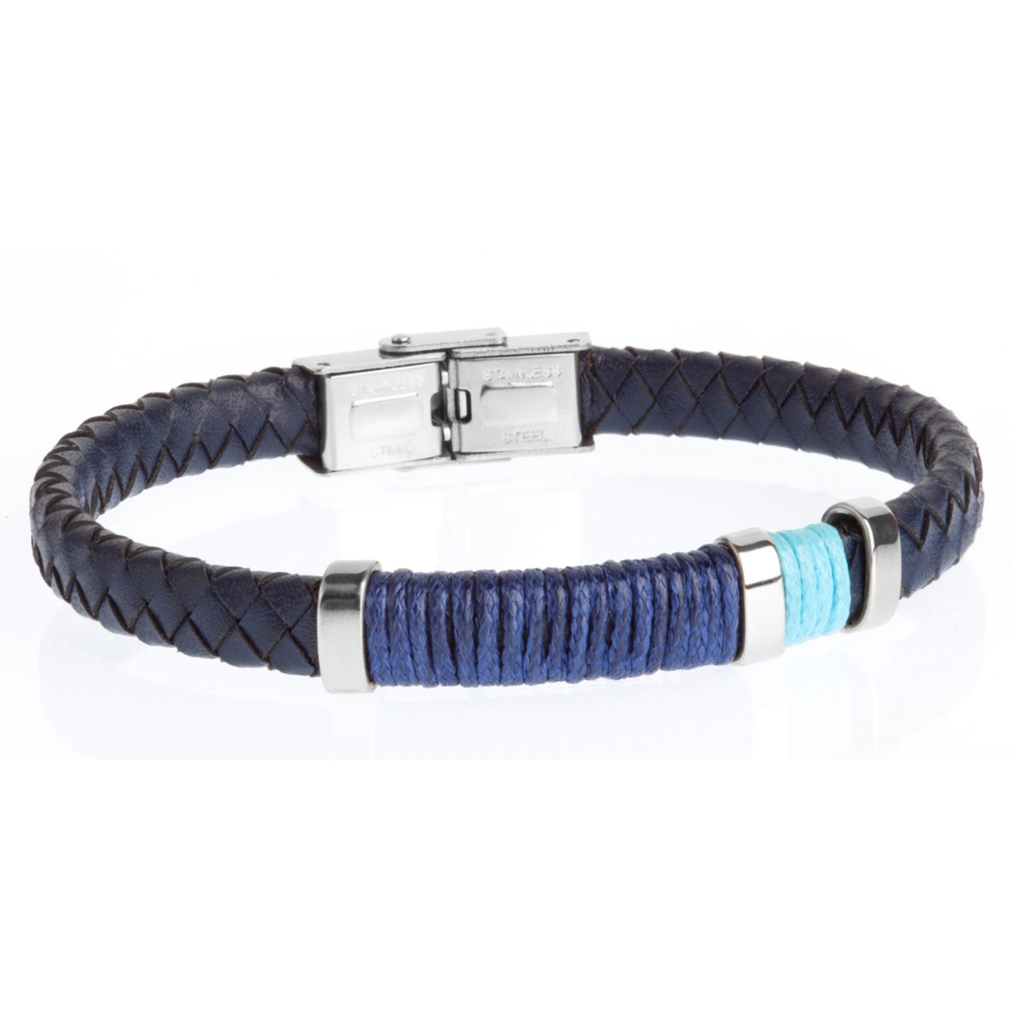 Pulsera de hombre de piel trenzada azul y detalle azul