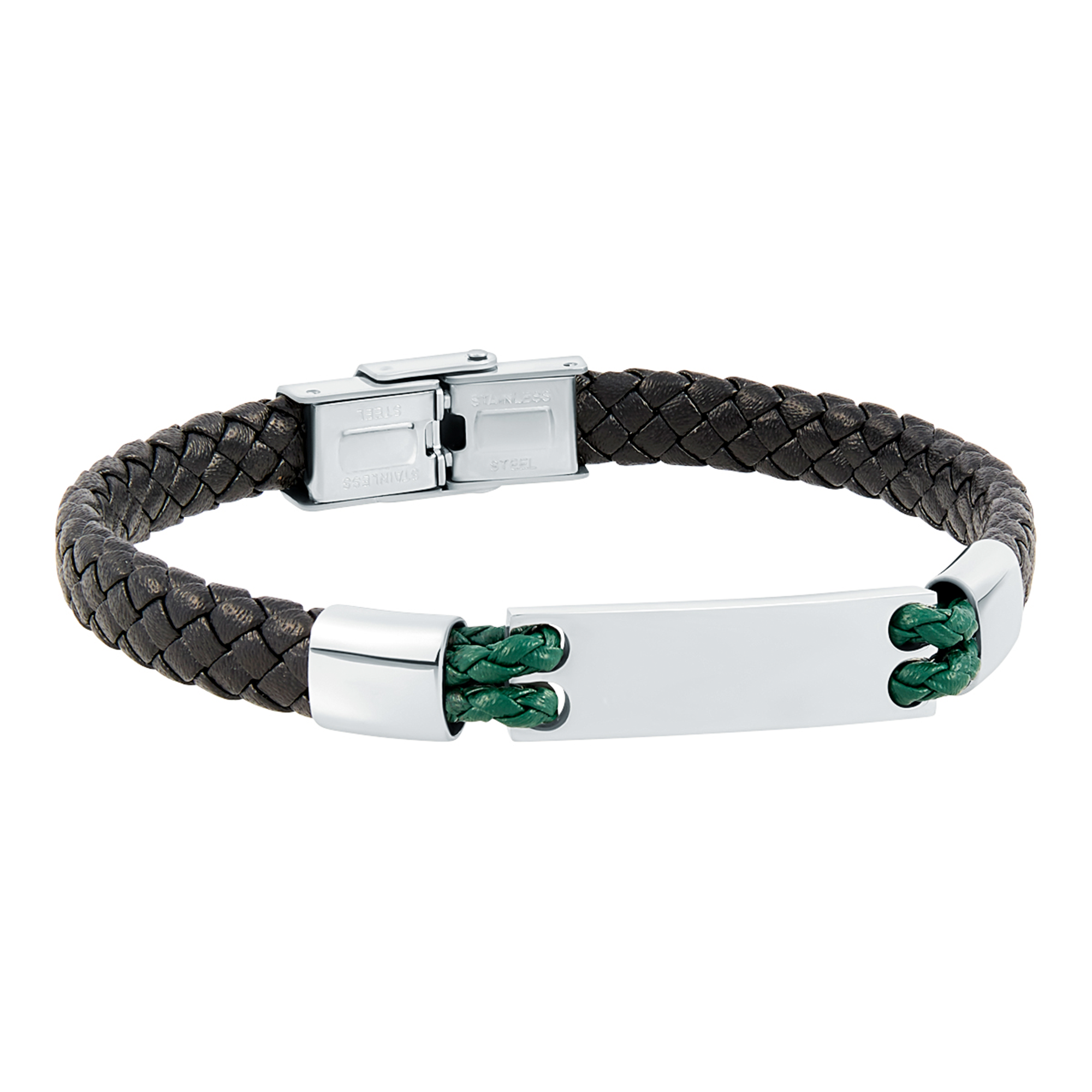 Pulsera trenzada piel negra con placa acero y cordon verde