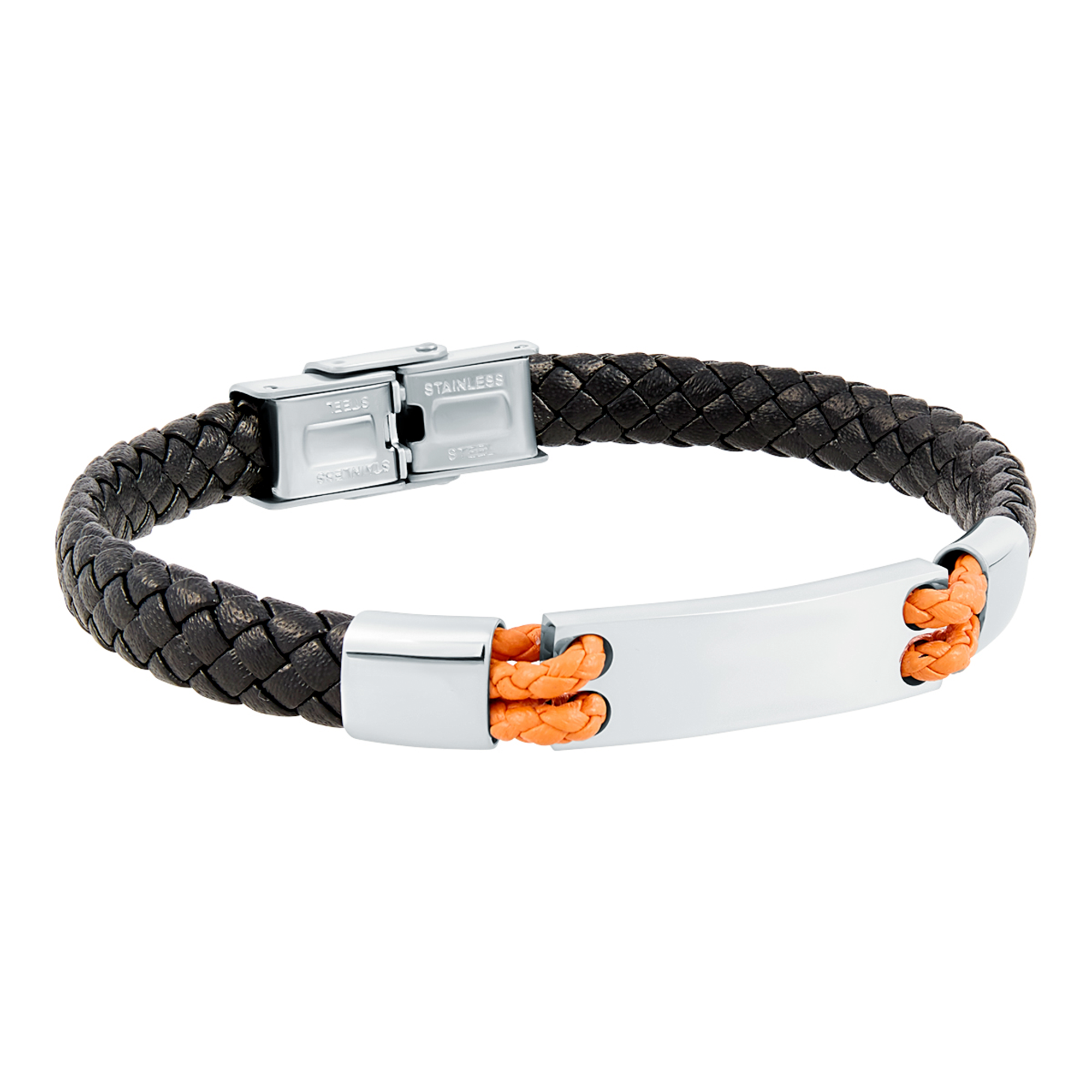Pulsera trenzada piel negra con placa acero y cordon naranja