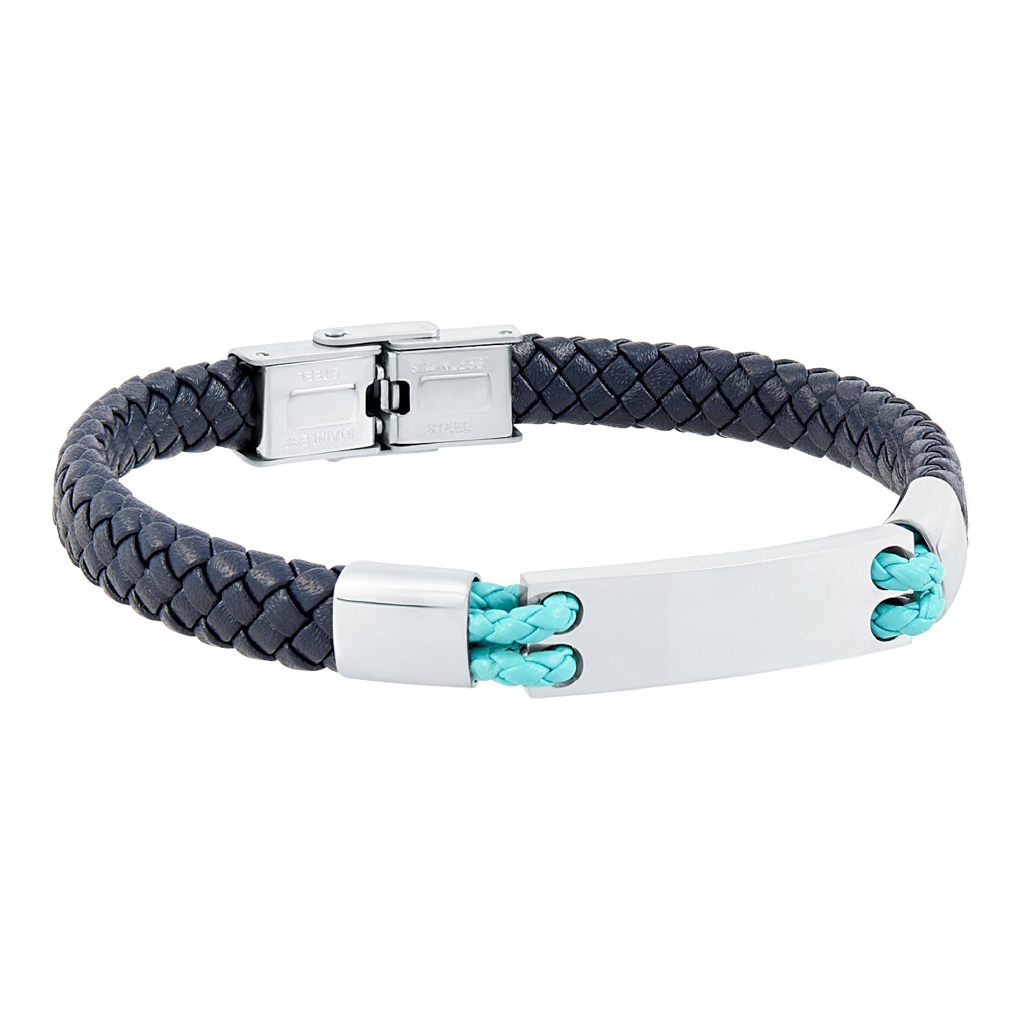 Pulsera trenzada piel negra con placa acero y cordon celeste