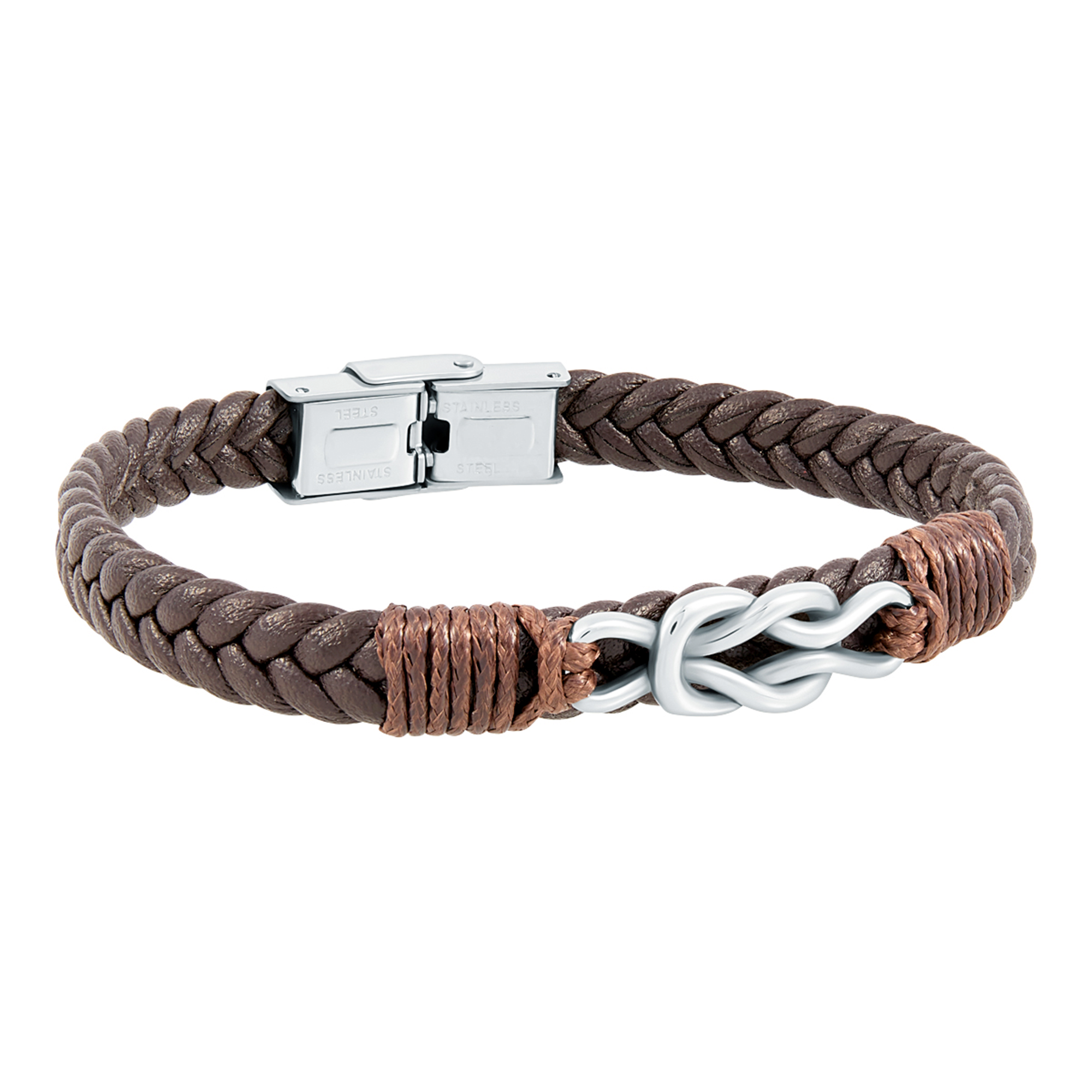 Pulsera de hombre de piel trenzada marrón y nudo de acero