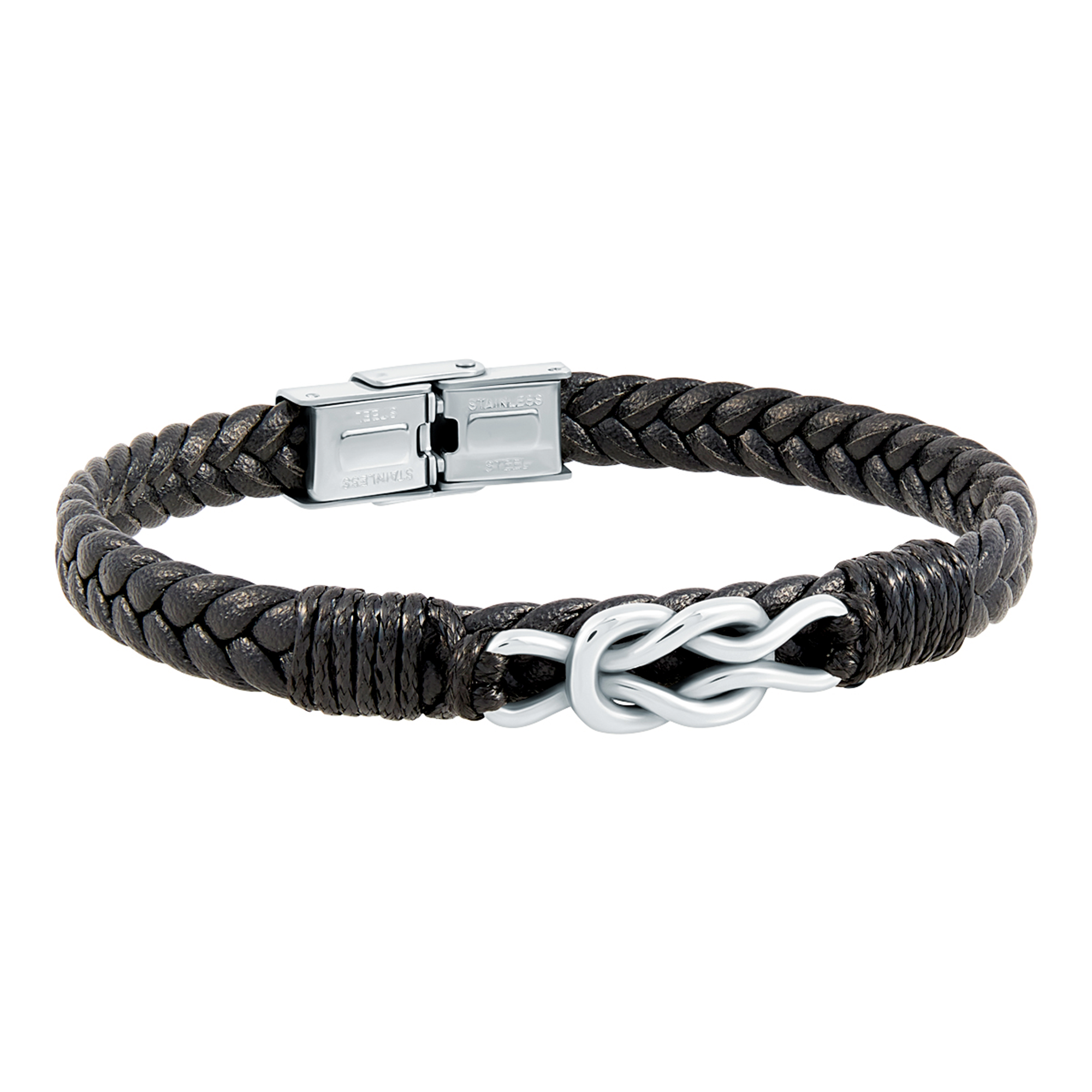 Pulsera de hombre de piel trenzada negra y nudo de acero