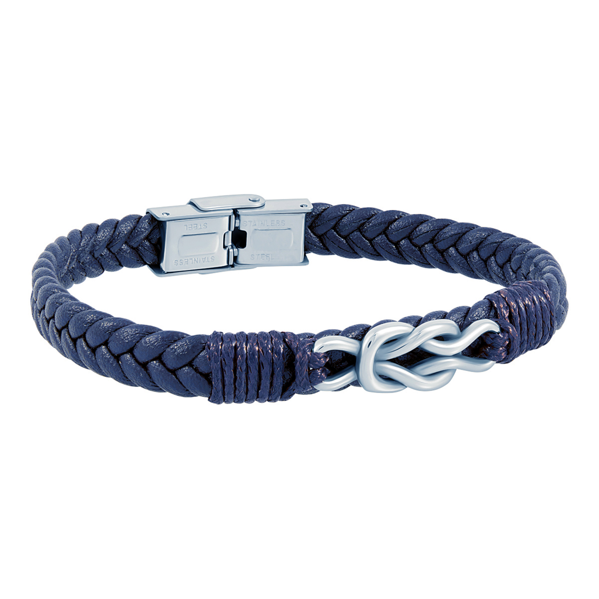 Pulsera de hombre de piel trenzada azul y nudo de acero