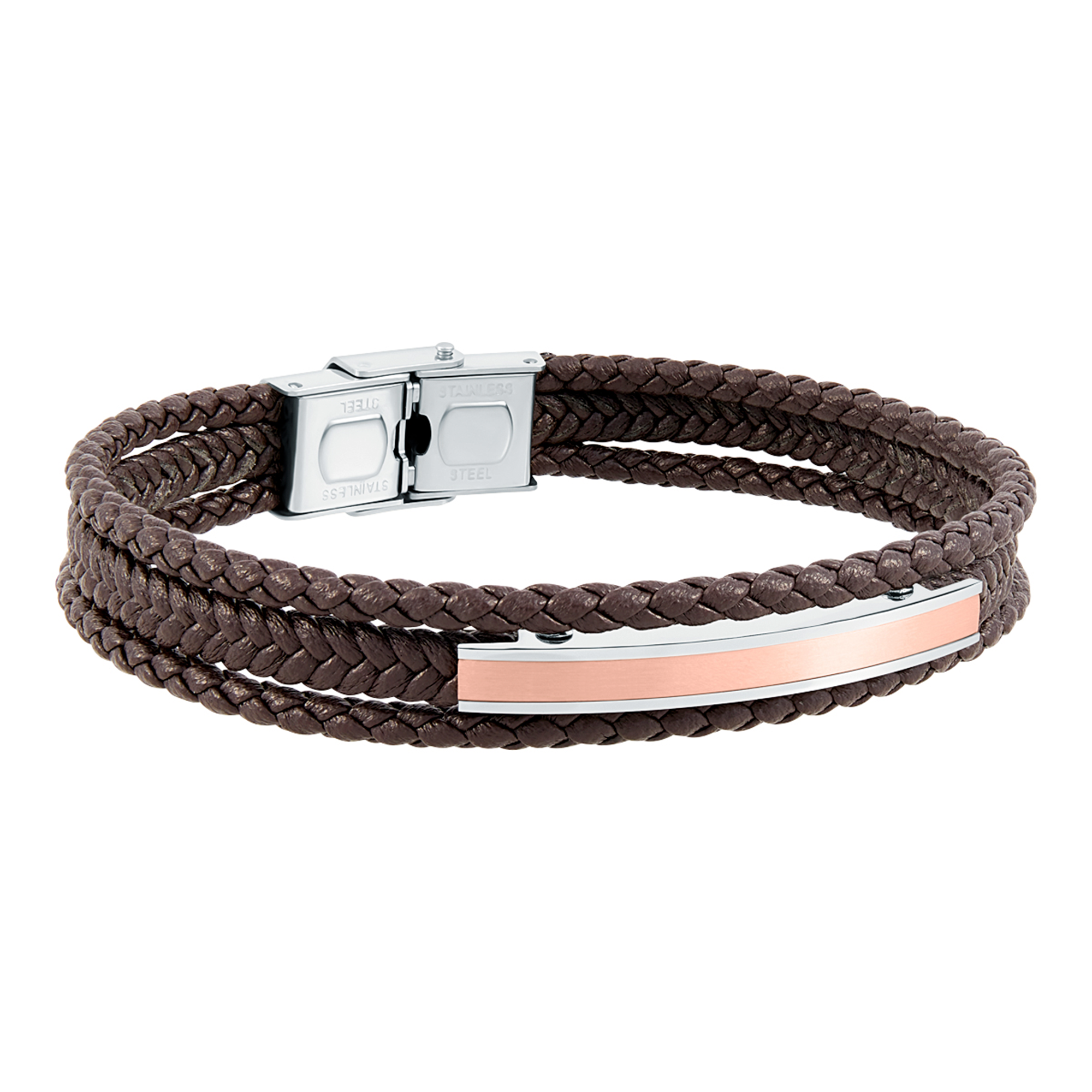 Pulsera de hombre triple de acero piel marrón