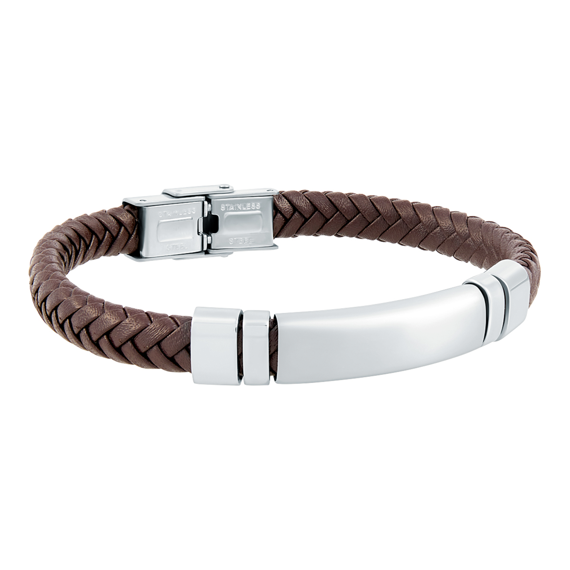 Pulsera de hombre de piel marrón y placa de acero