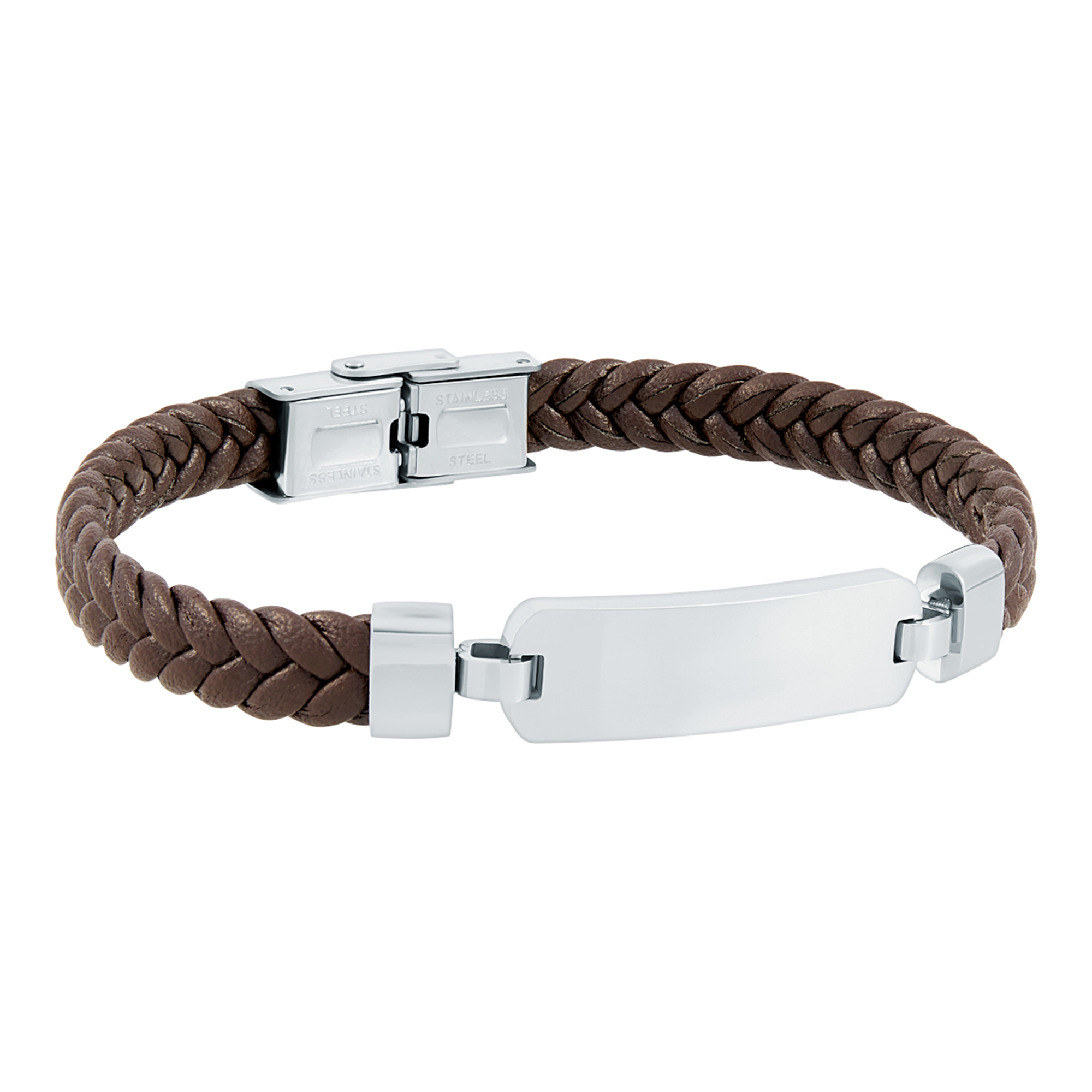 Pulsera de hombre piel marrón y placa de acero