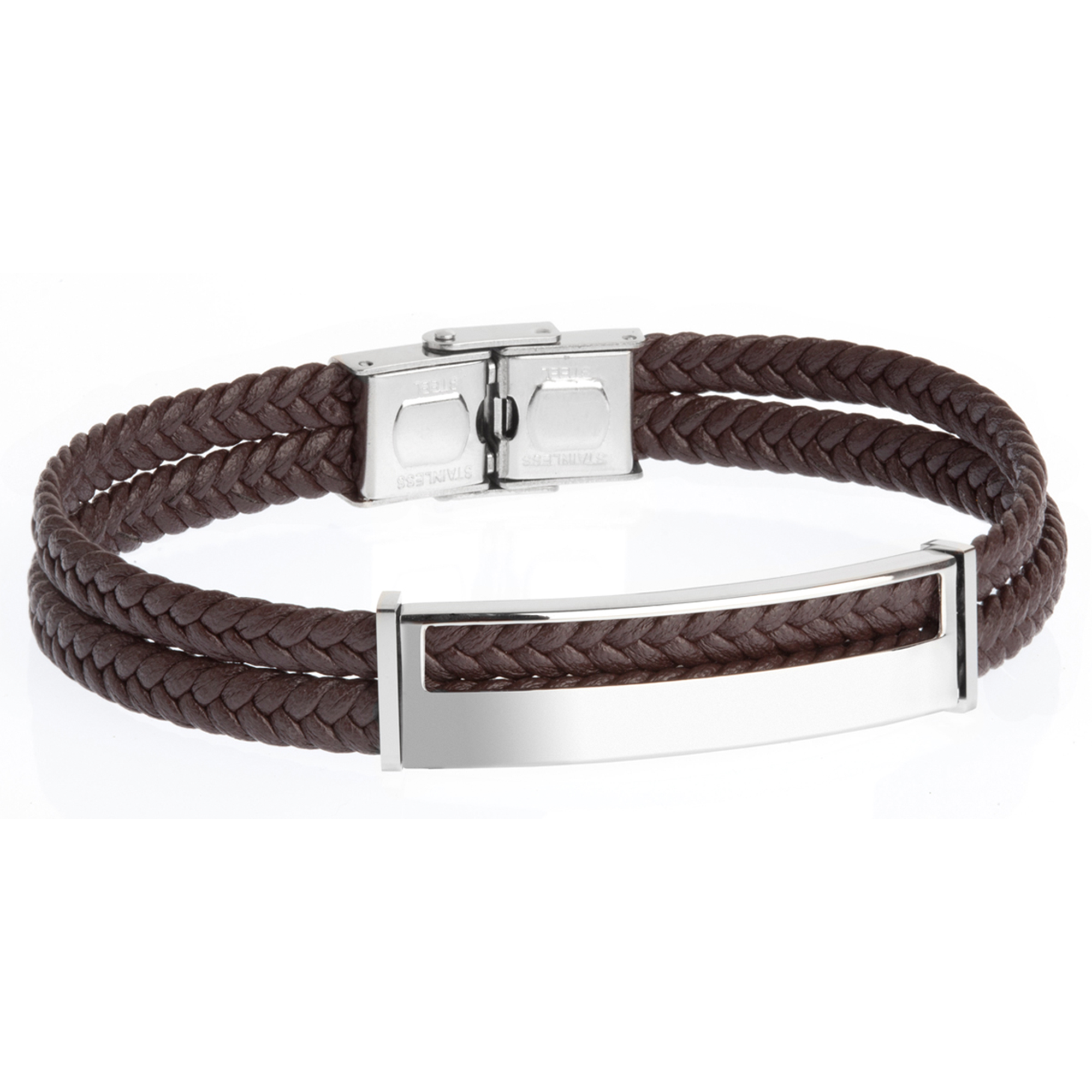 Pulsera doble de hombre con piel trenzada marrón y placa acero