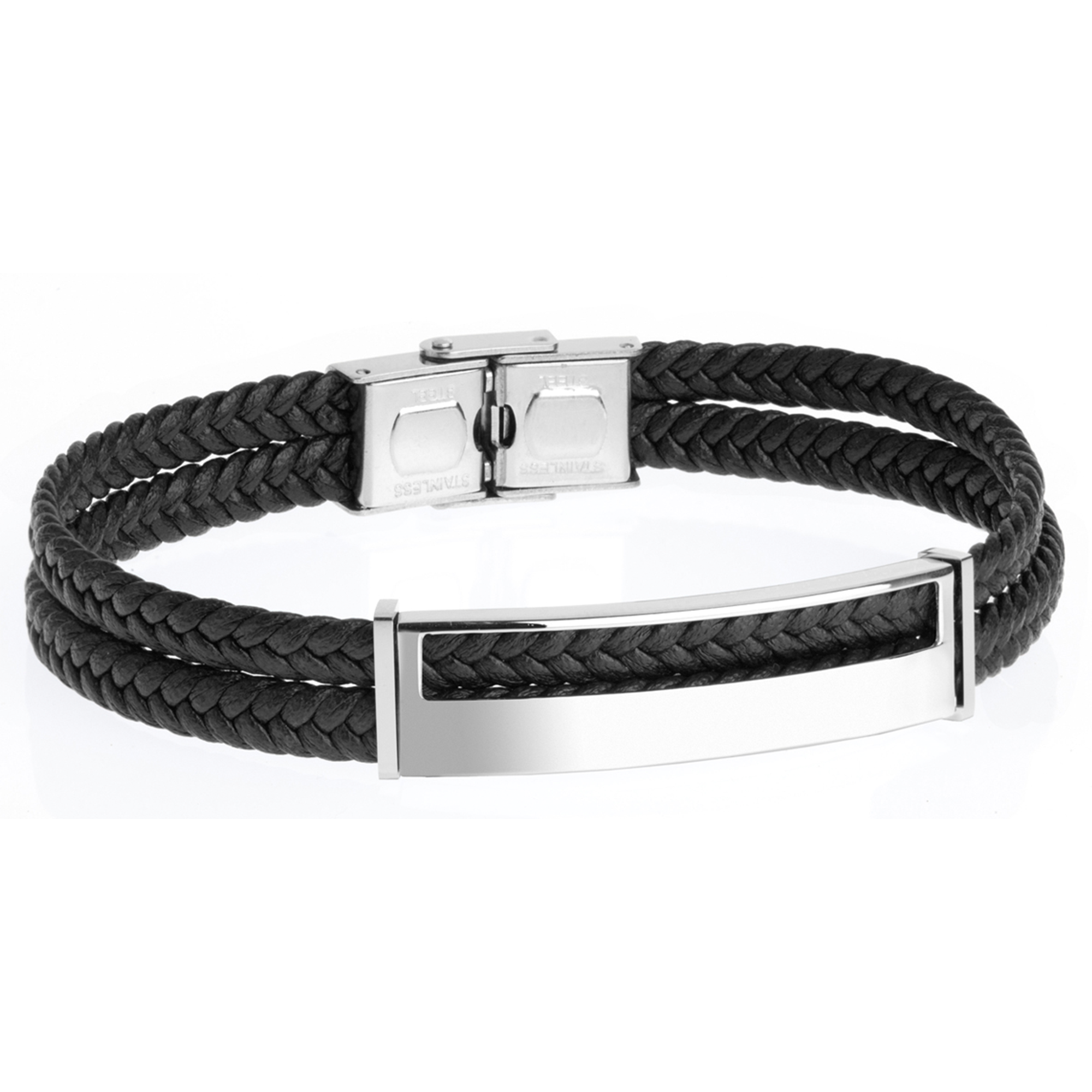 Pulsera doble de hombre con piel trenzada negra y placa acero