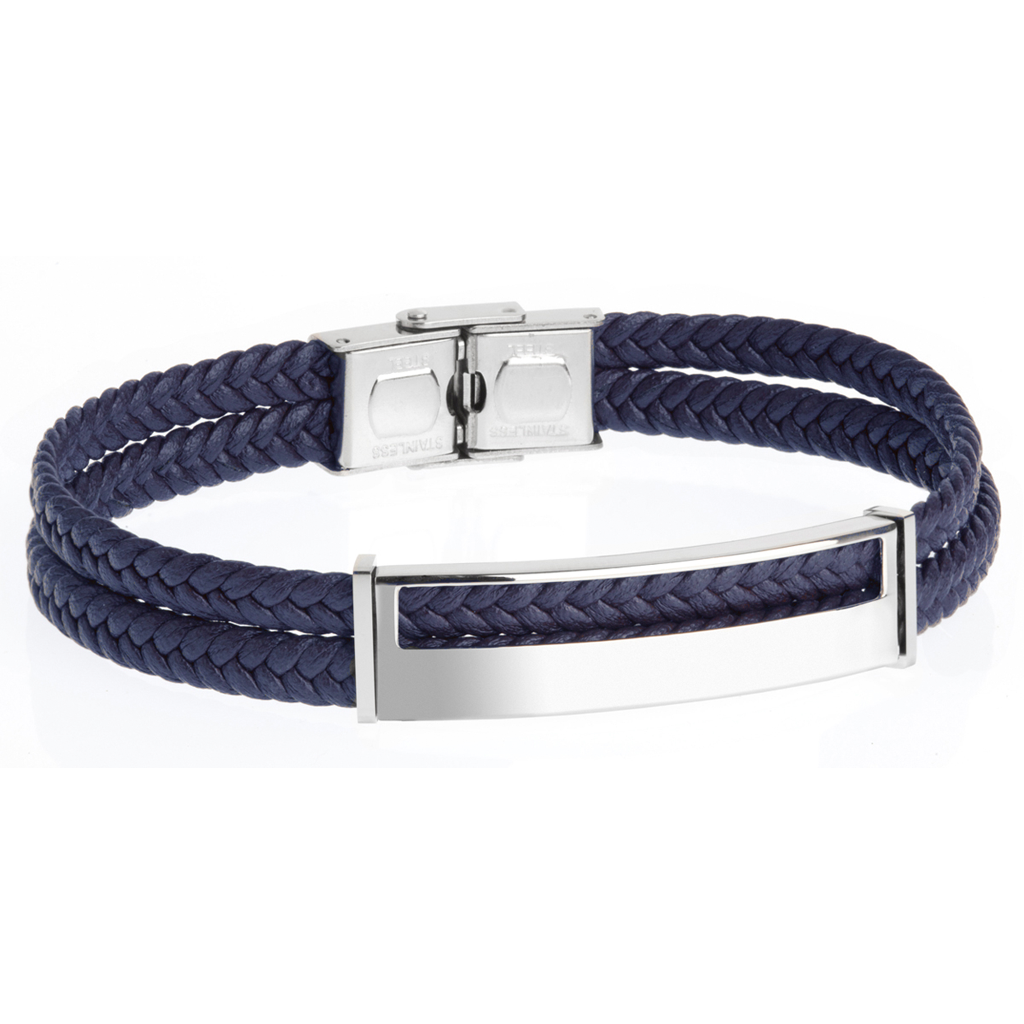 Pulsera doble de hombre con piel trenzada azul y placa acero