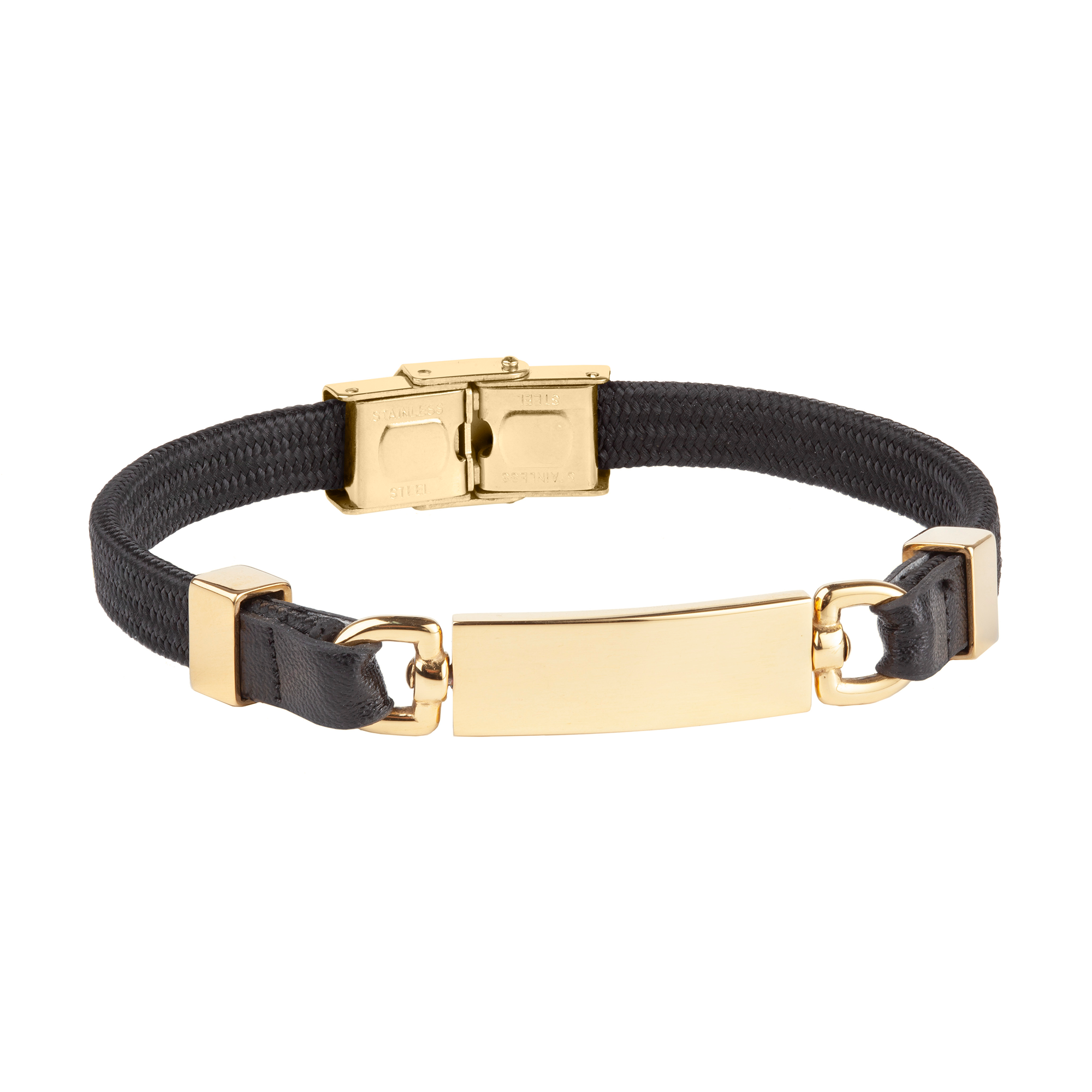 Pulsera de nailon negro y piel negra con motivo en acero ip dorado
