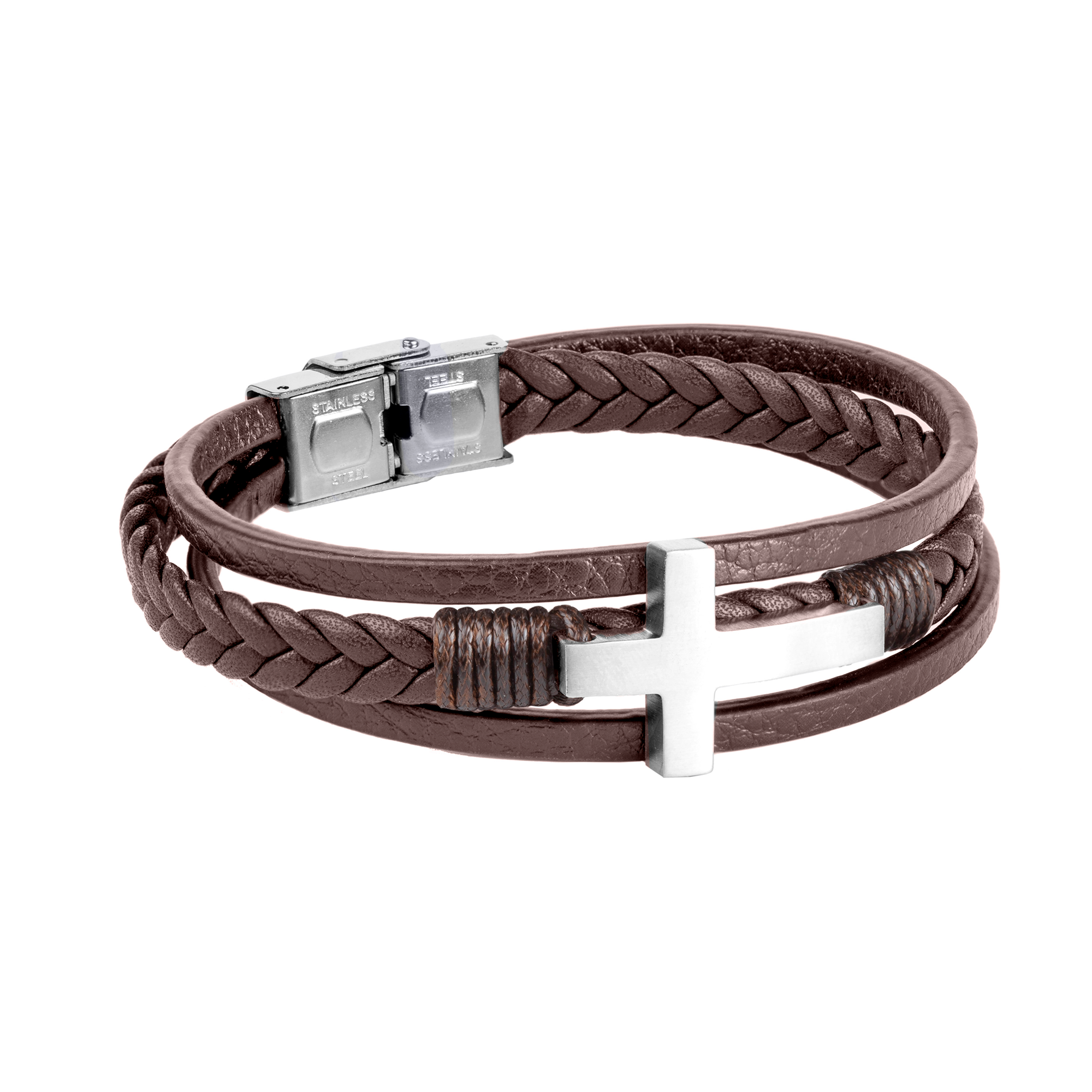 Pulsera triple para hombre en piel marrónl con cruz de acero