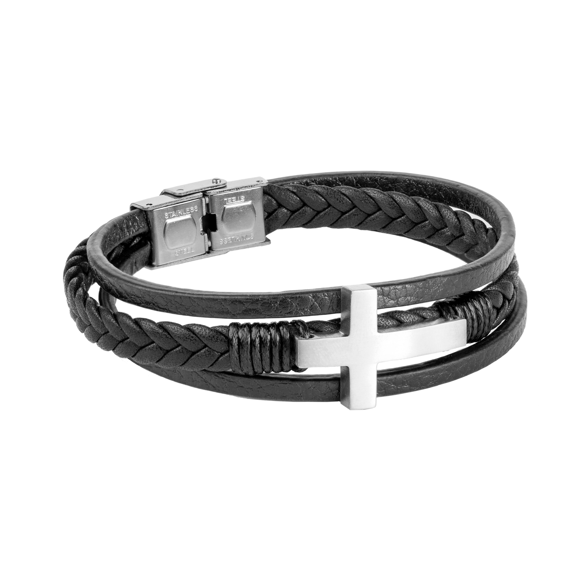 Pulsera triple para hombre en piel negra con cruz de acero
