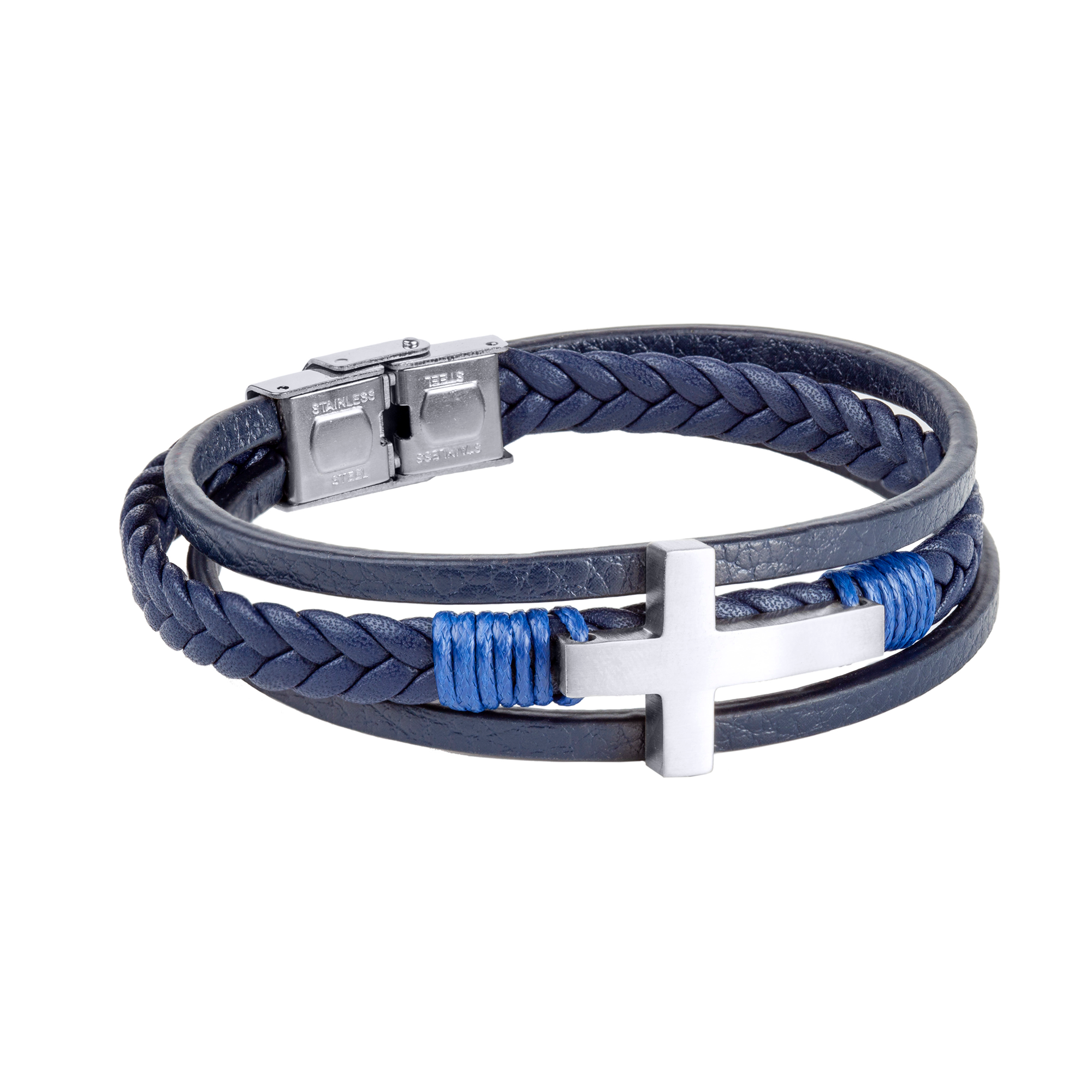 Pulsera triple para hombre en piel azul con cruz de acero