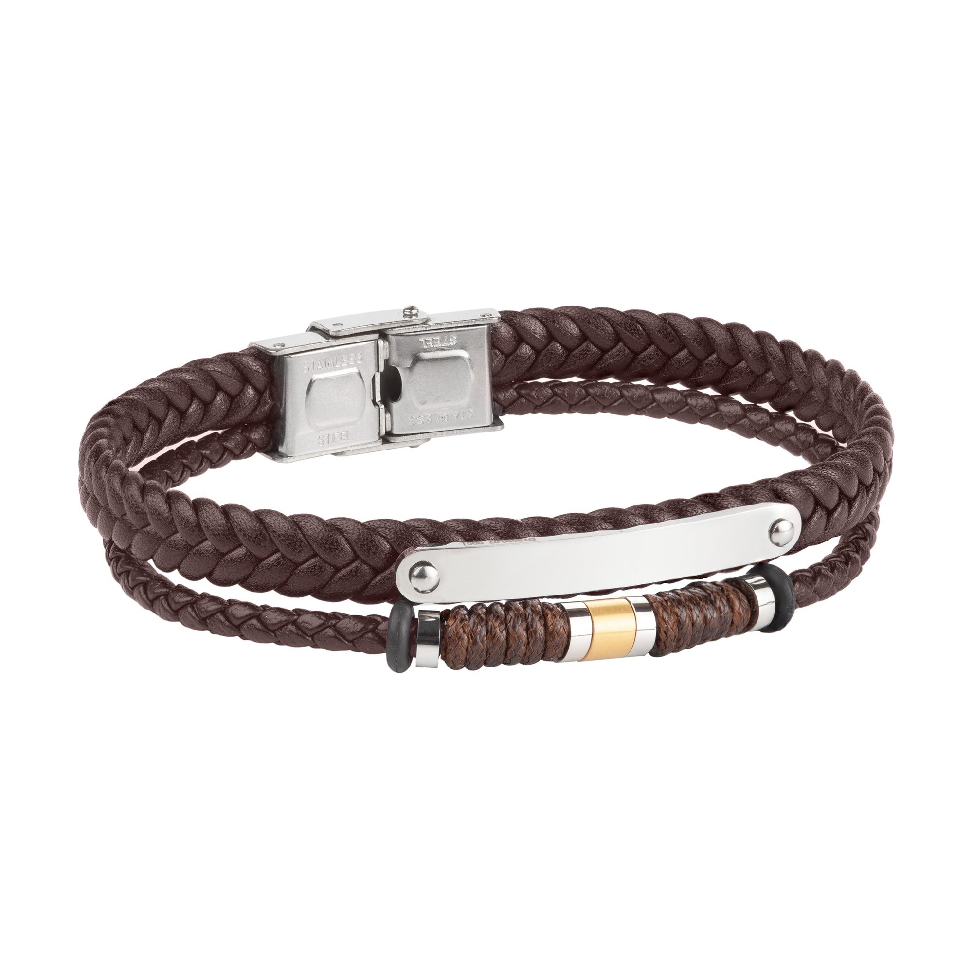 Pulsera doble de hombre de acero con piel trenzada y placa