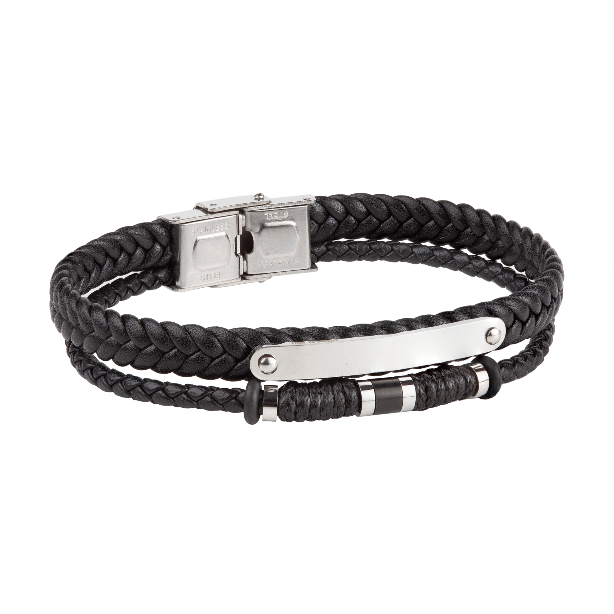 Pulsera doble de hombre de acero con piel trenzada y placa