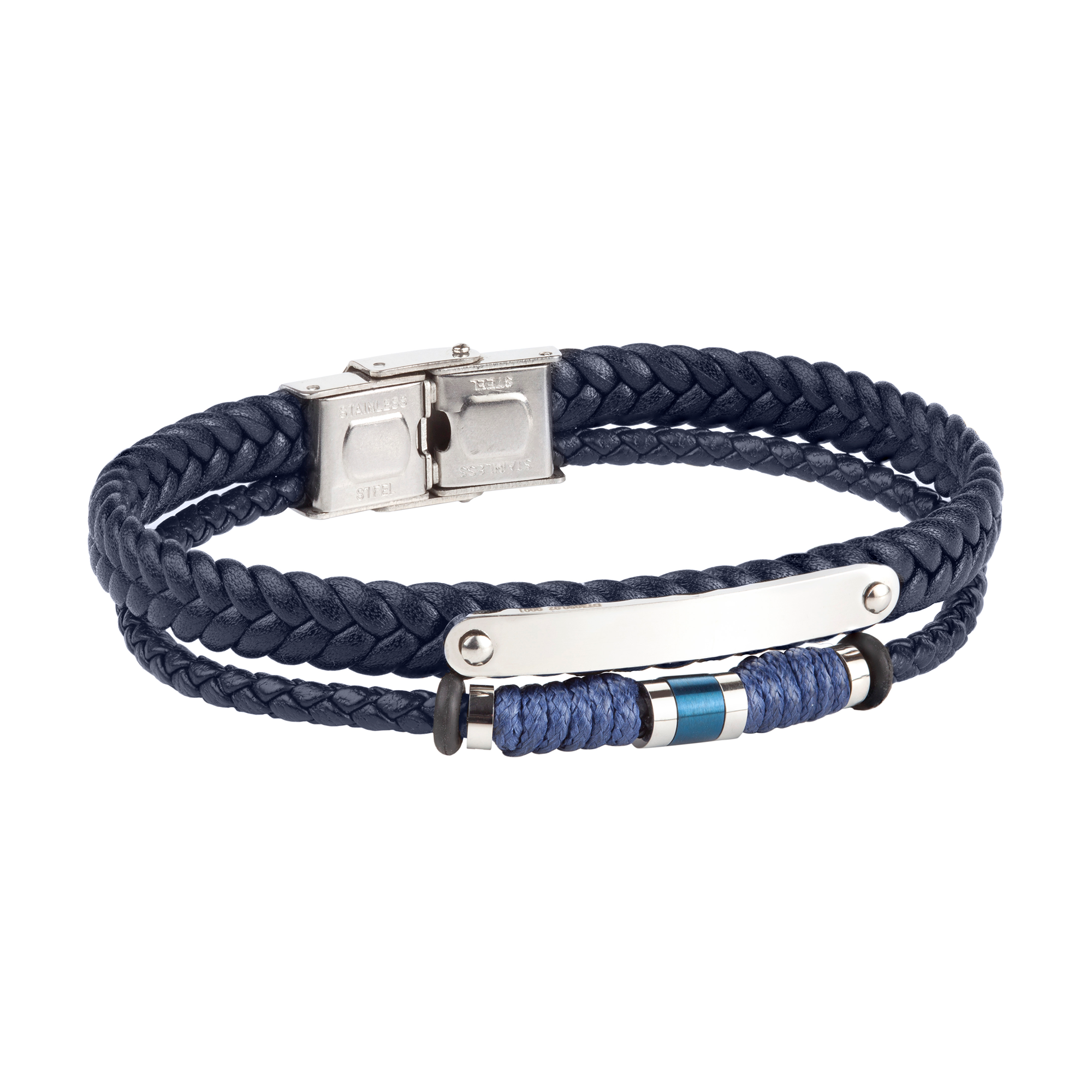 Pulsera doble de hombre de acero con piel trenzada y placa