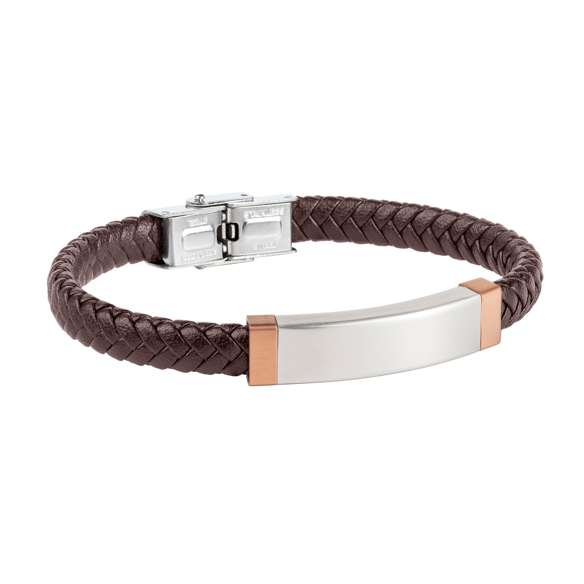 Pulsera piel trenzada marrón con placa acero detalles ip marrón