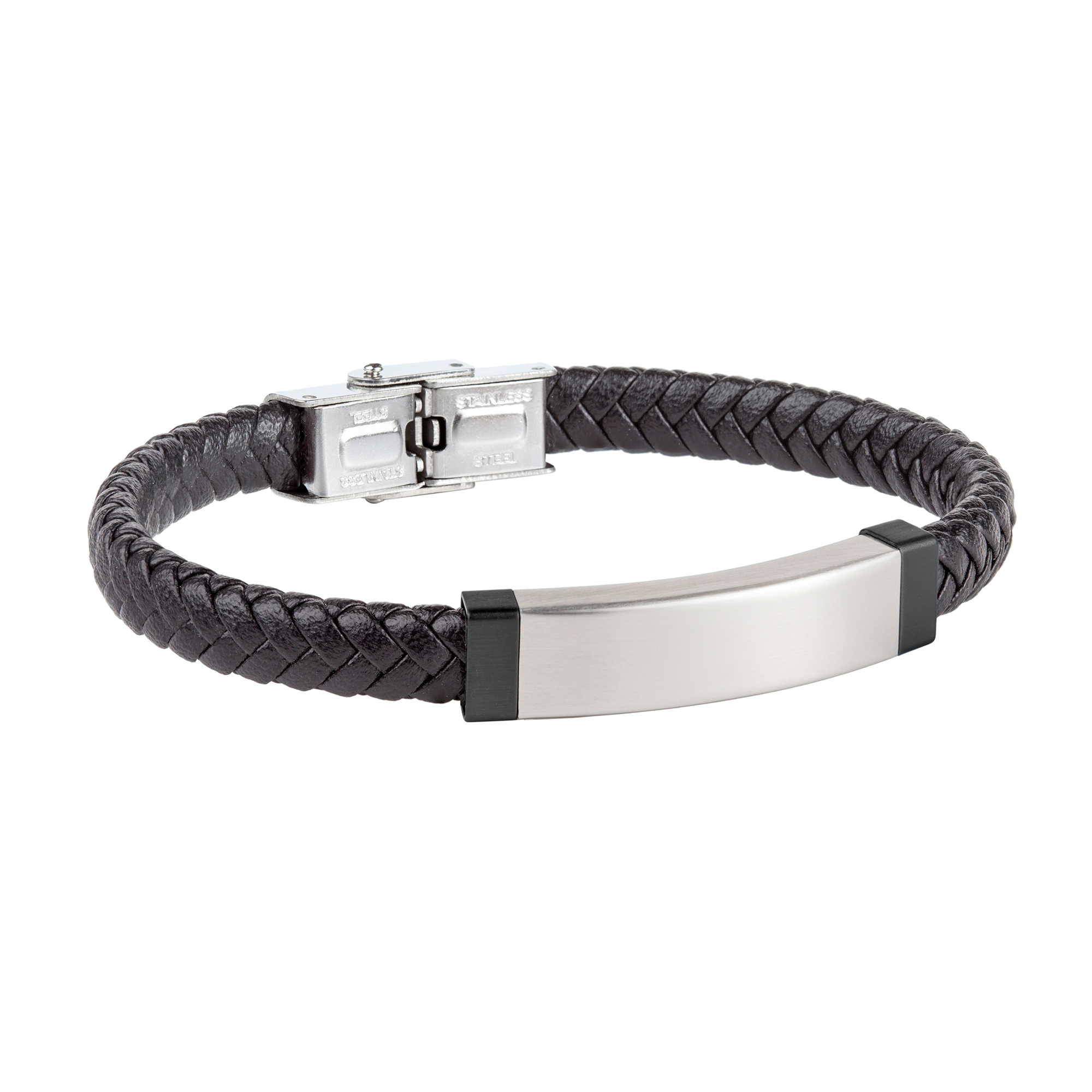 Pulsera piel trenzada negra con placa acero detalles ip negro