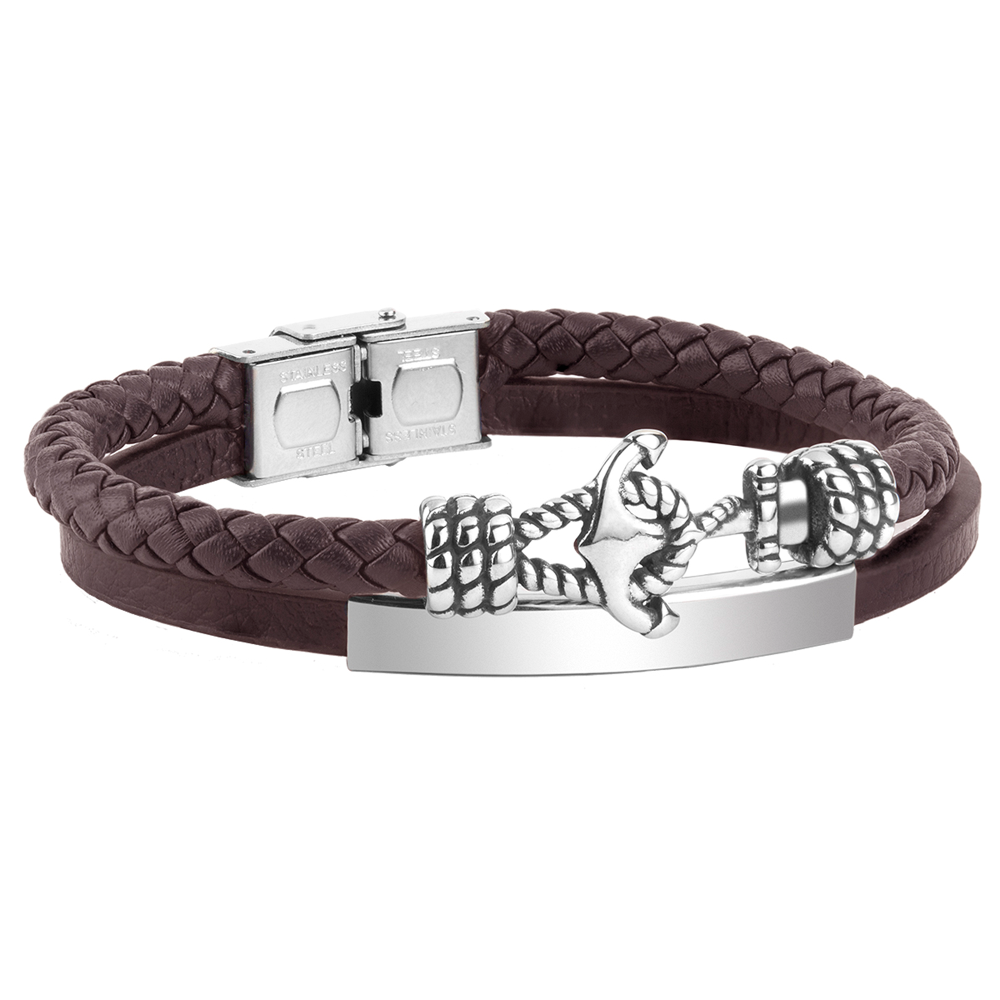 Pulsera doble de piel marrón trenzada con placa y ancla de acero