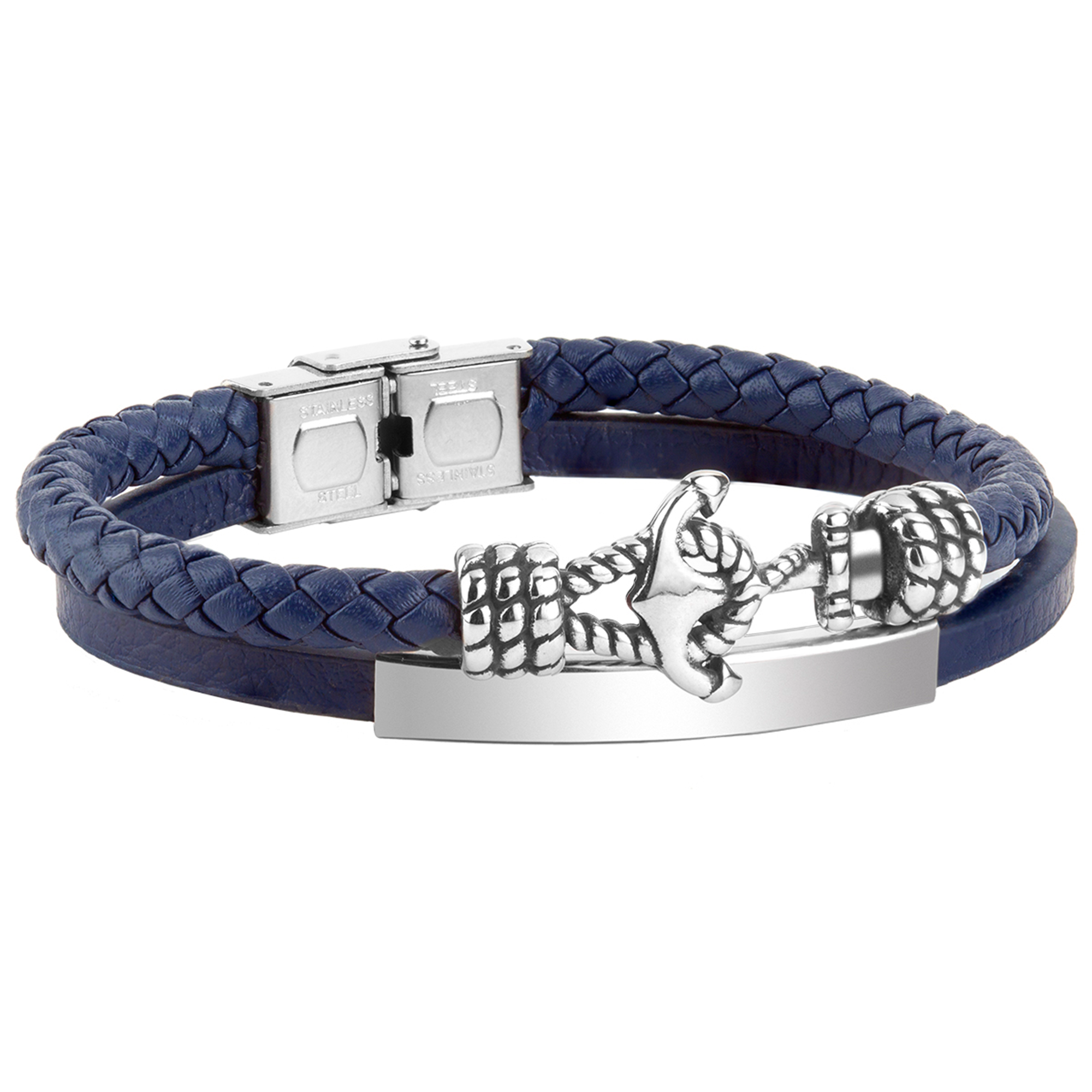 Pulsera doble de piel azul trenzada con placa y ancla de acero